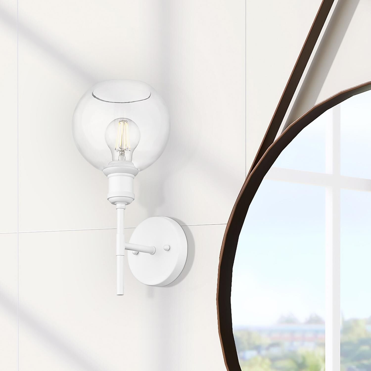 Shown in Matte White finish and Clear Globe glass and Without Shade shade