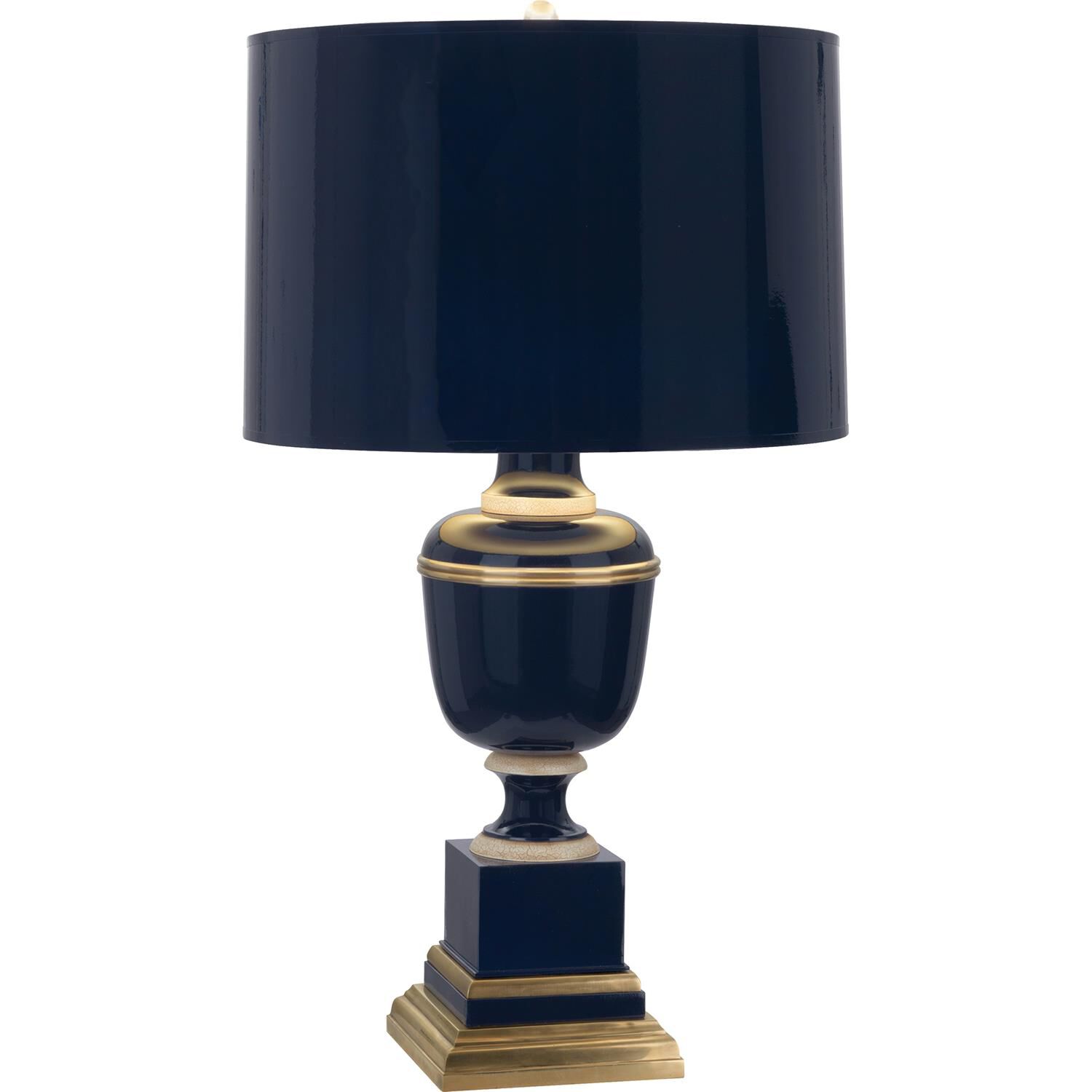 Shown in Cobalt Lacquered Paint With Natural Brass And Ivory Crackle Accents finish and Cobalt Painted Opaque Parchment With Matte Gold Lining shade