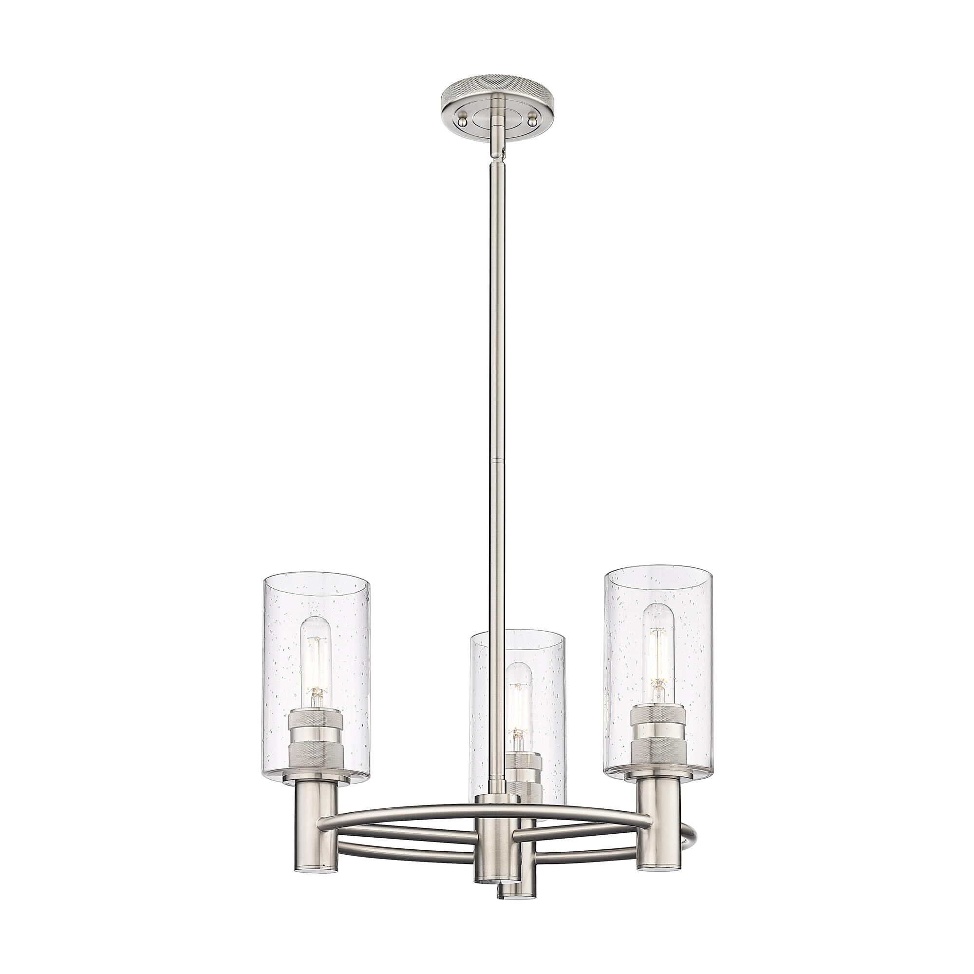Shown in Satin Nickel finish and Seedy glass and Seedy Glass shade