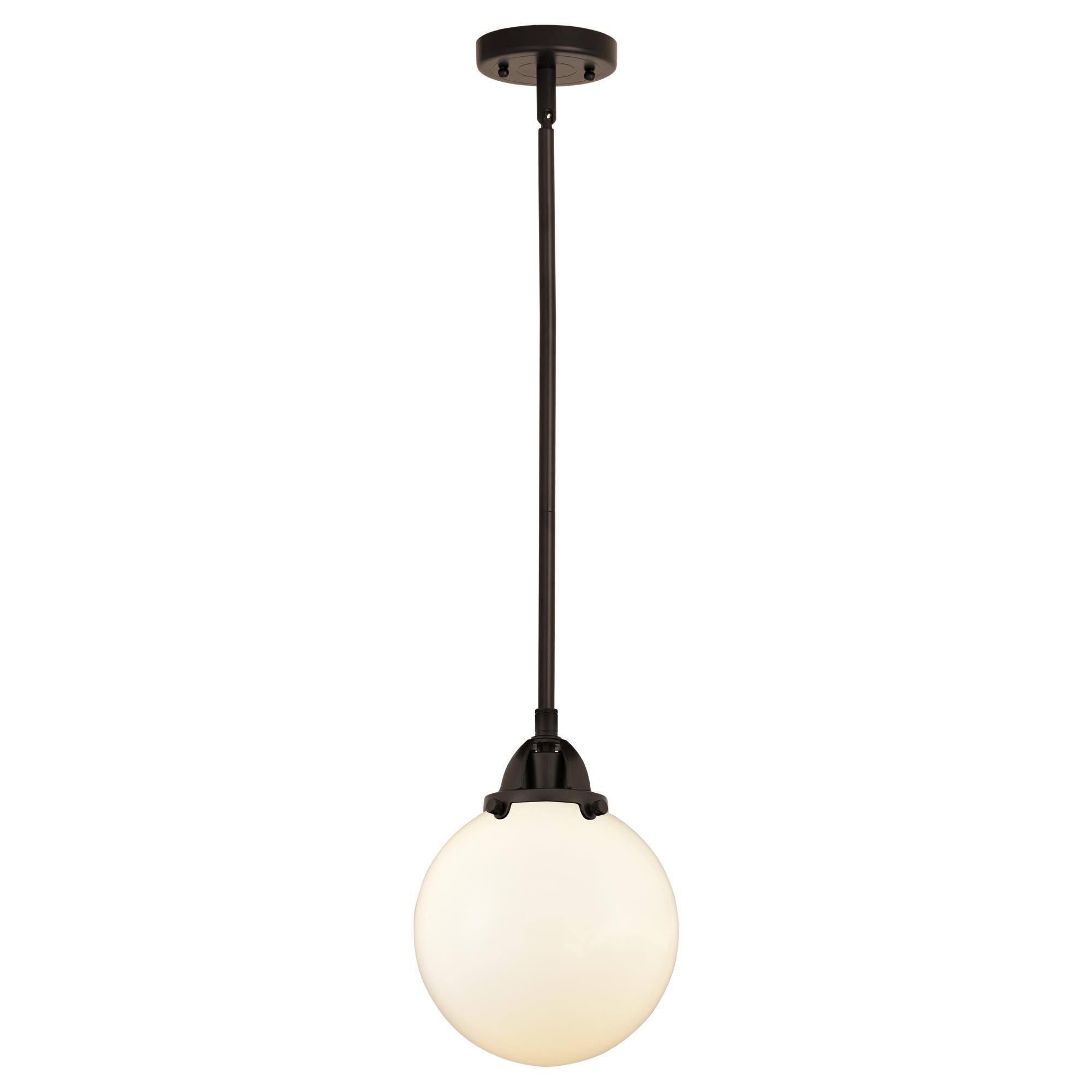 Shown in Oil Rubbed Bronze finish and Matte White Cased Beacon glass and No Shade shade