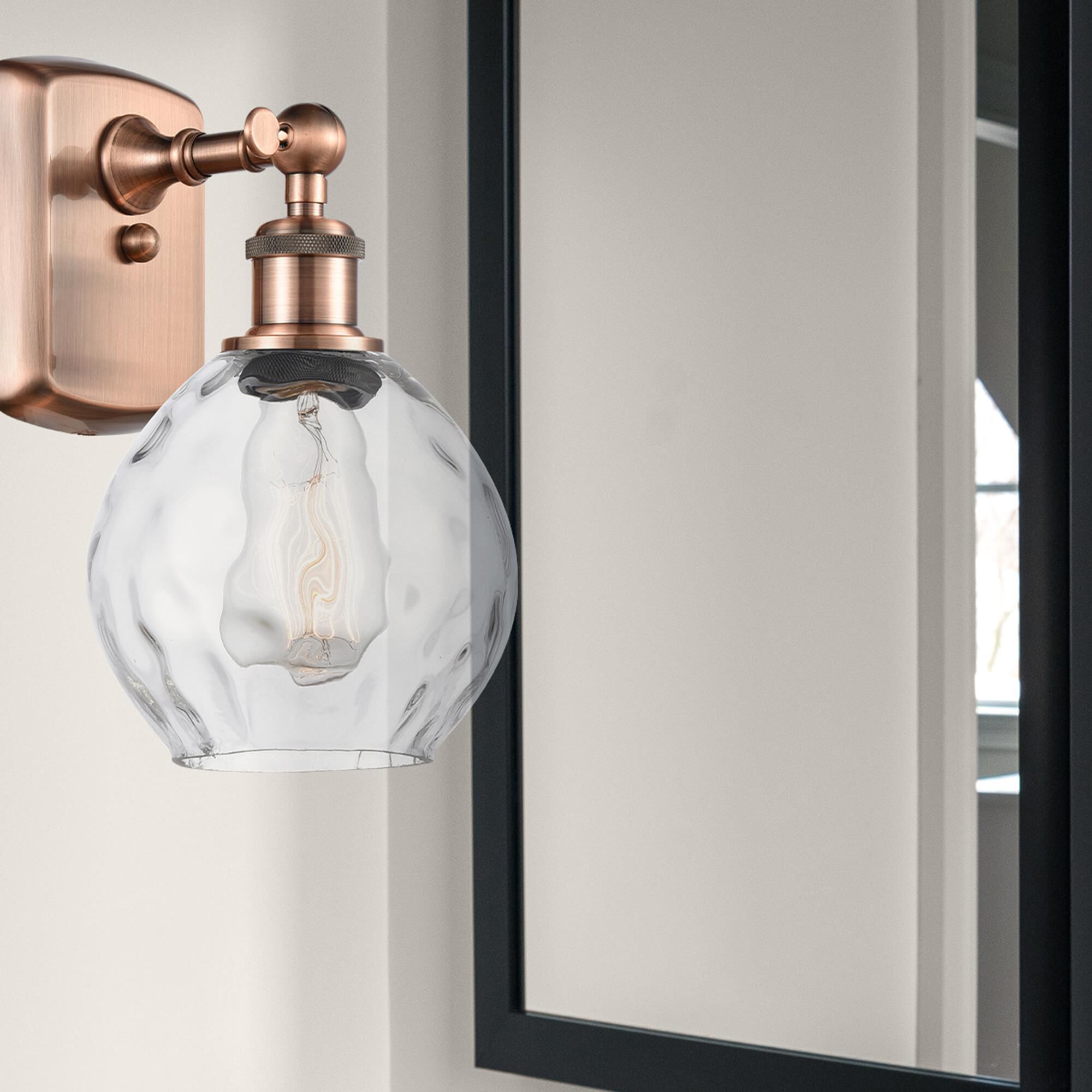 Shown in Antique Copper finish and Clear Small Waverly glass and Glass shade and Polished Chrome accent