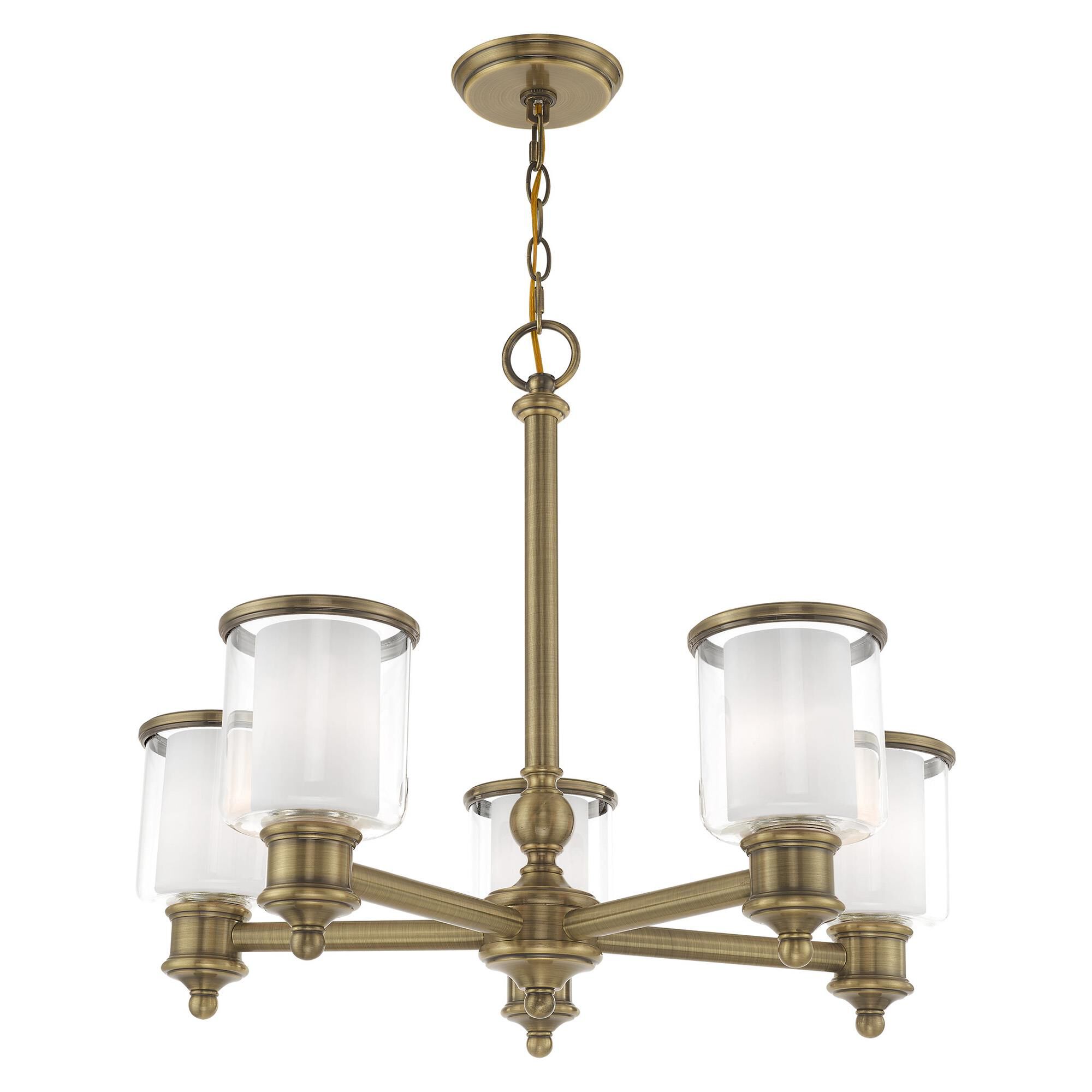 Shown in Antique Brass finish and Hand Blown Clear Outside and Satin Opal White Inside glass