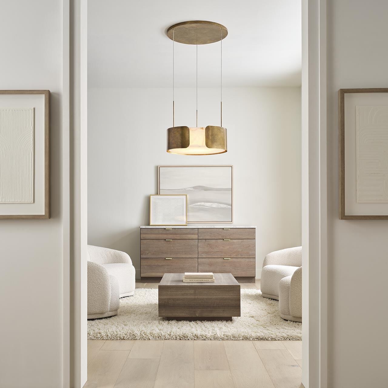 Shown in Mottled Brass finish and Alabaster shade