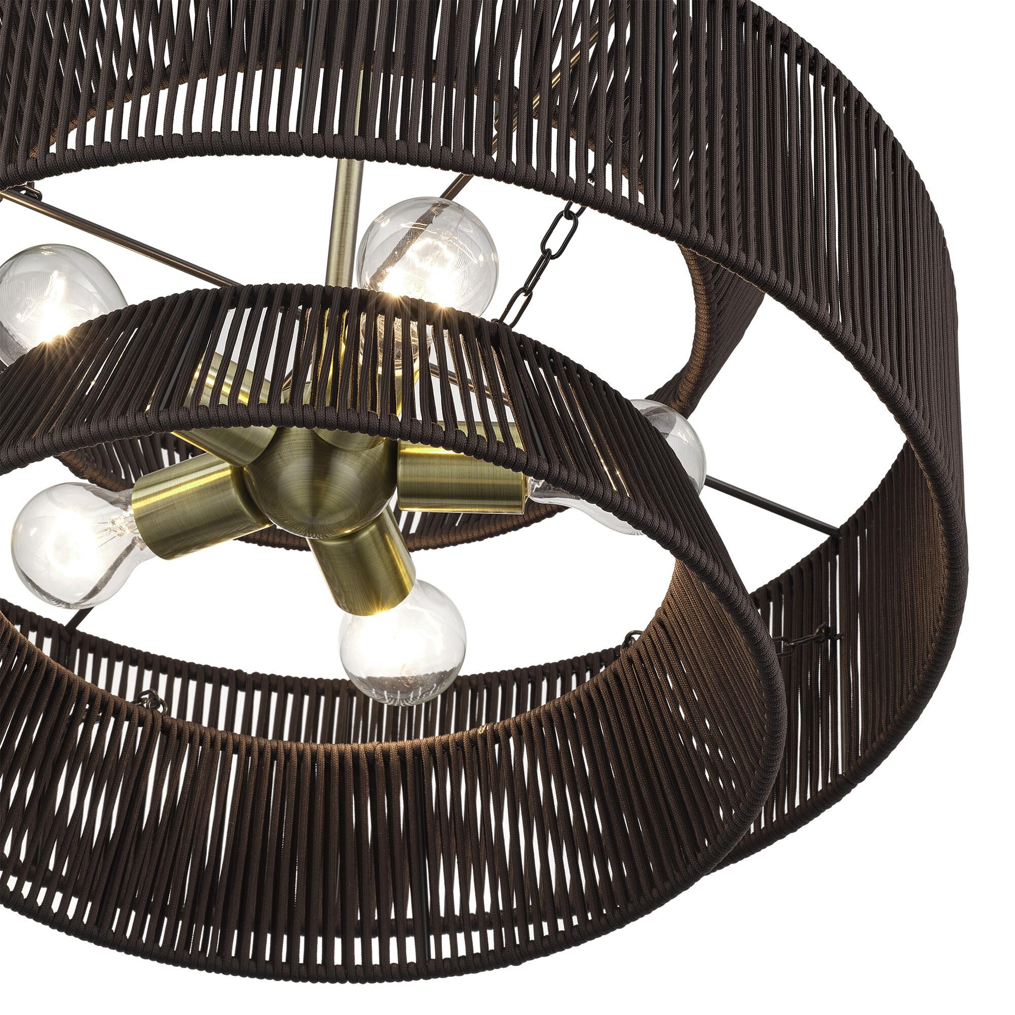 Shown in Antique Brass finish and Hand-Woven Dark Chocolate Color Polyester Rope shade