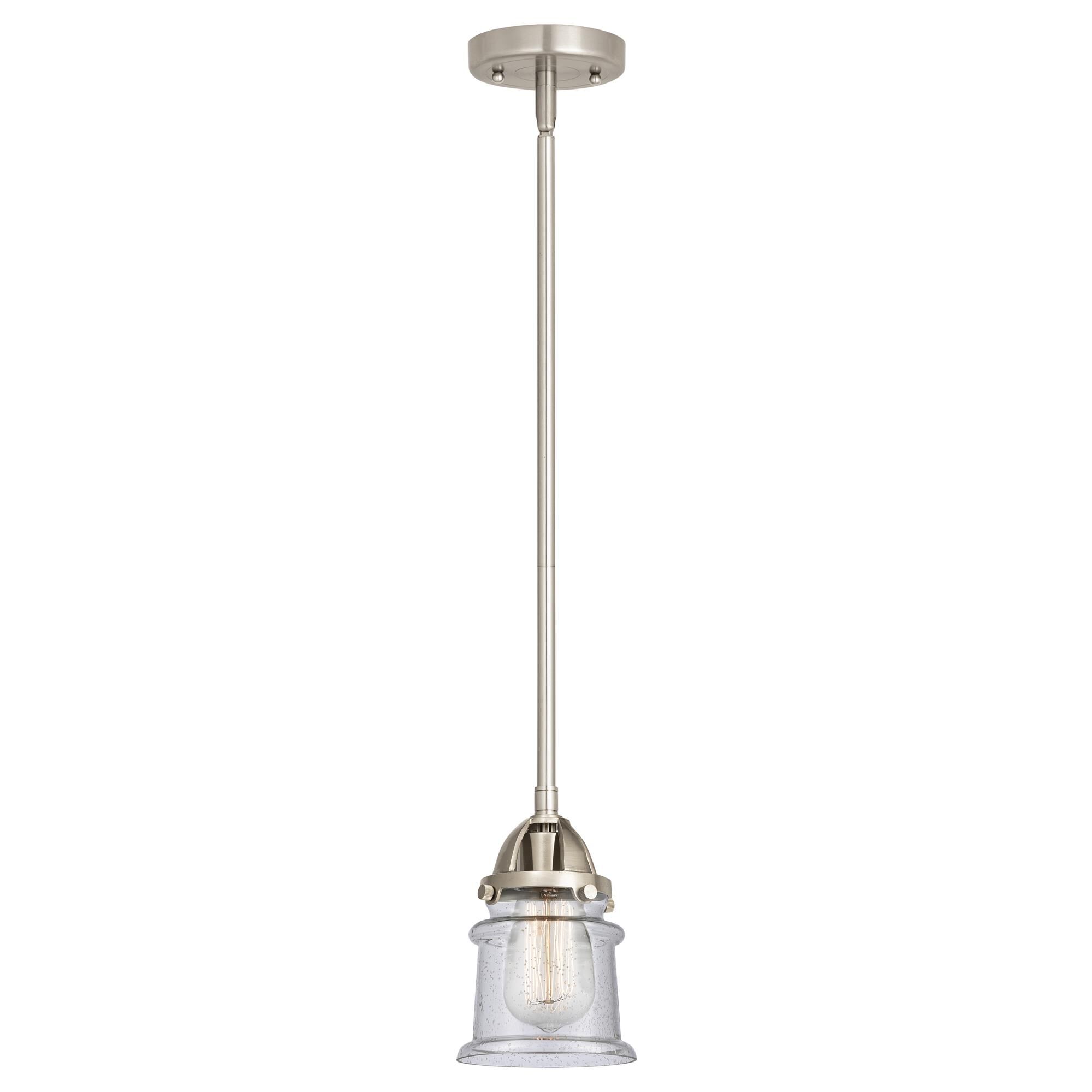 Shown in Brushed Satin Nickel finish and Seedy Canton glass and No Shade shade
