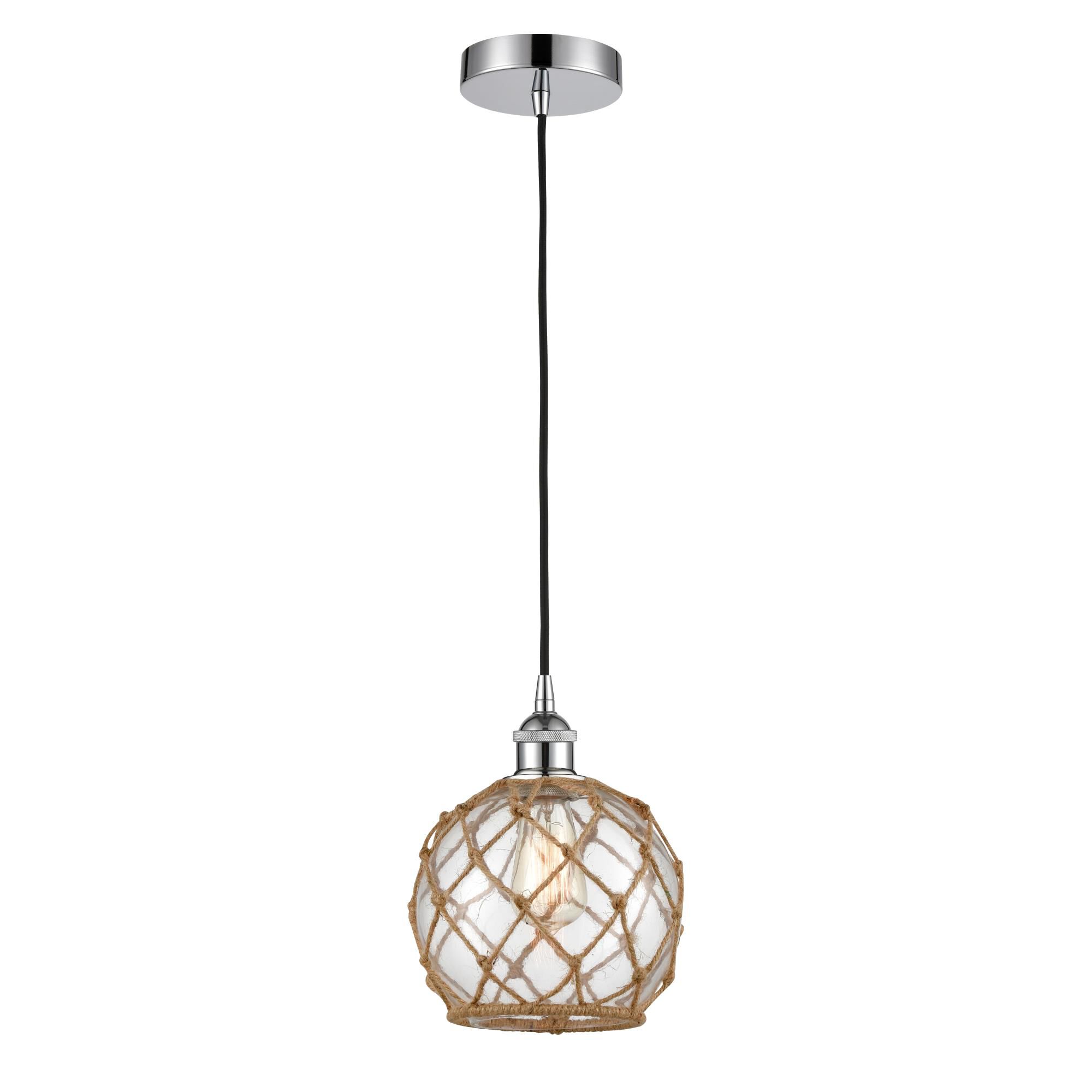 Shown in Polished Chrome finish and Clear Farmhouse With Brown Rope glass