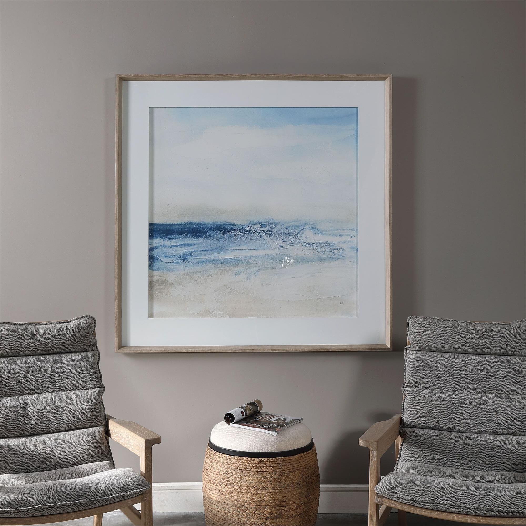 Shown in Large Scale, Driftwood Finished Frame Under Glass, Large White Painted Mat, Contemporary Coastal, Li finish