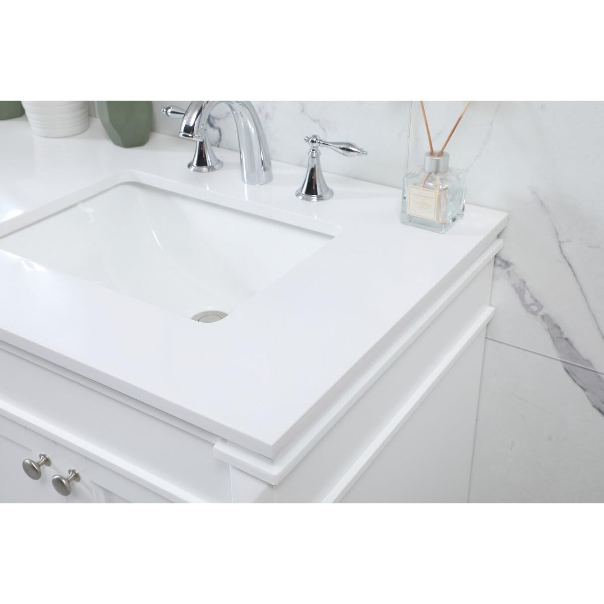 Shown in White finish and Double Bathroom Vanity accent