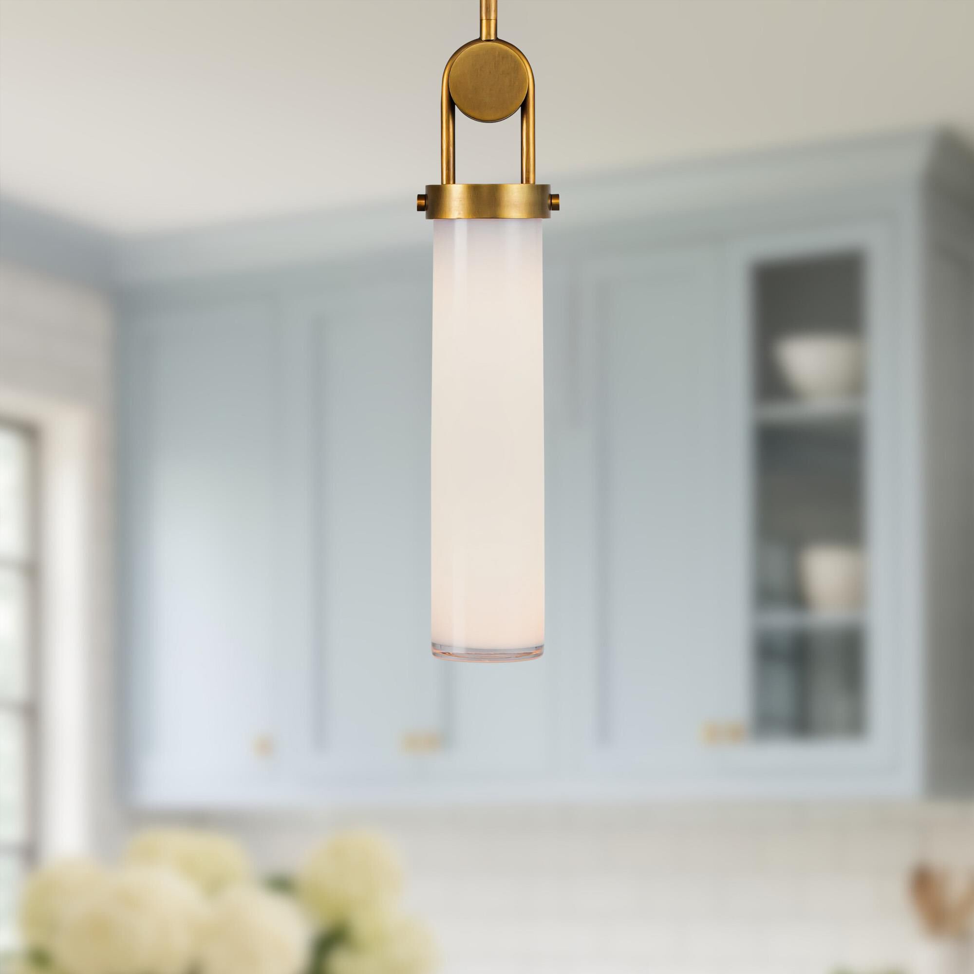 Shown in Vintage Brass finish and Glossy Opal glass