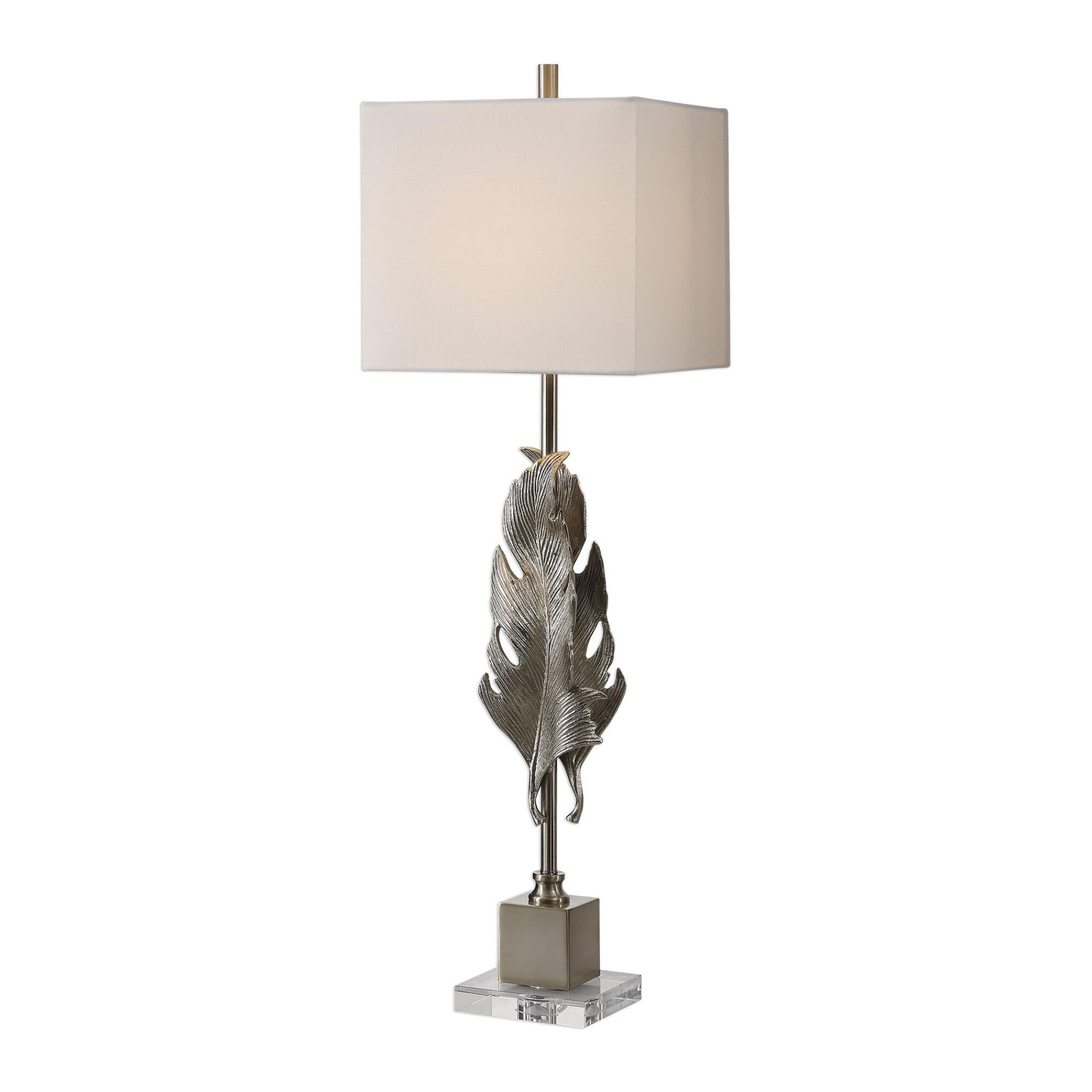 Shown in Metallic Silver Champagne-Antiqued Nickel finish and White Linen Fabric Square Hardback shade