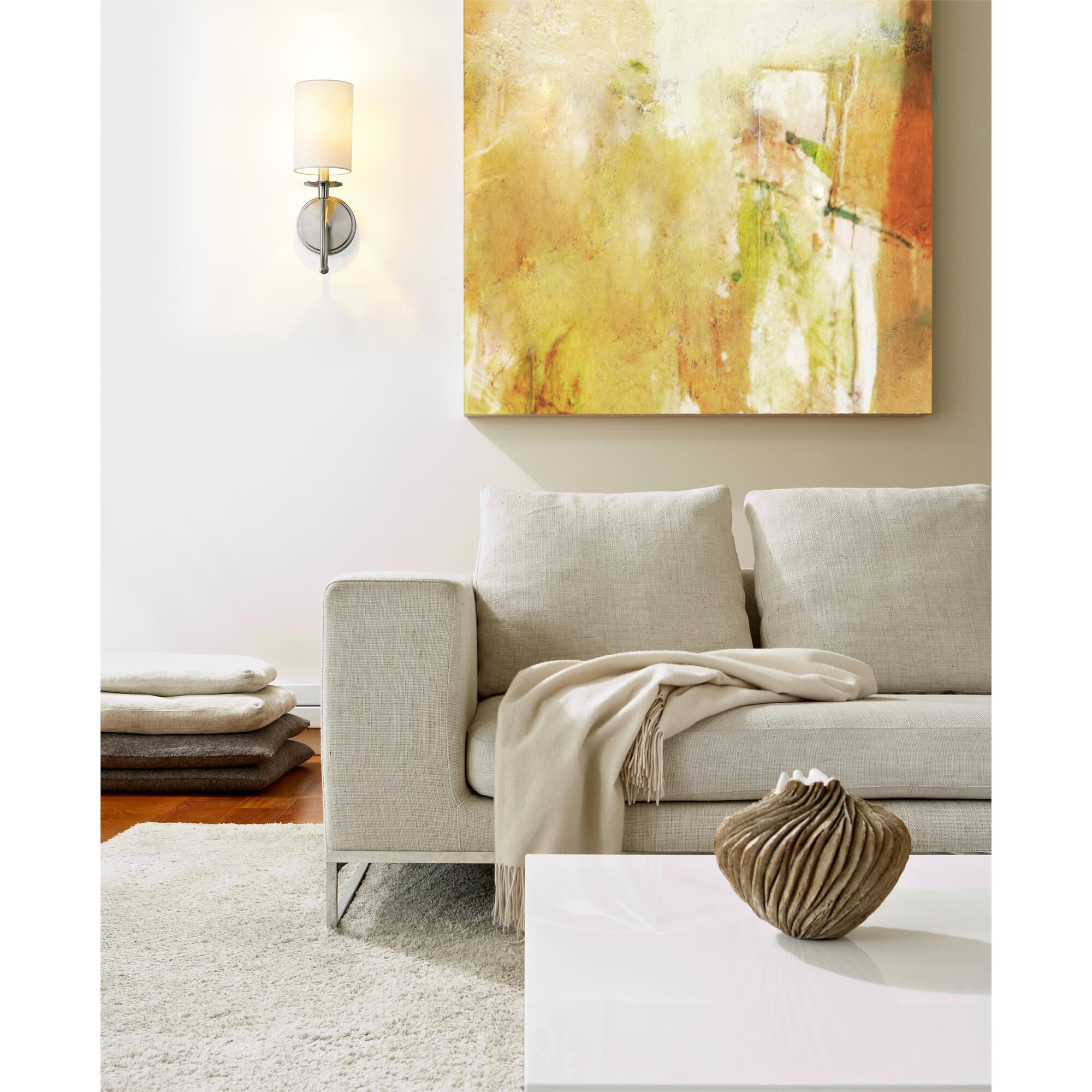 Shown in Brushed Nickel finish and Fabric glass and Fabric shade