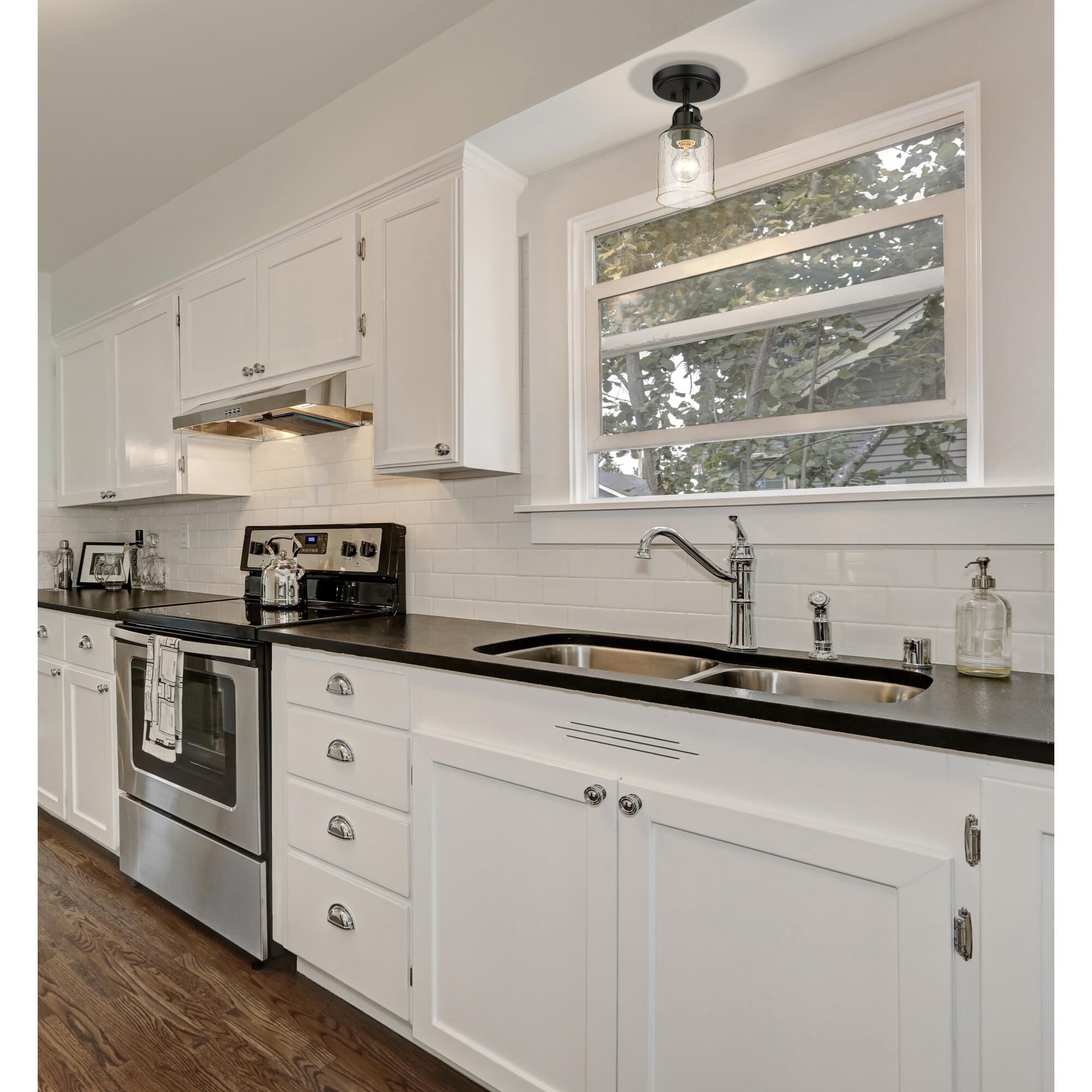 Shown in Matte Black finish and Clear Seeded glass and No Shade shade