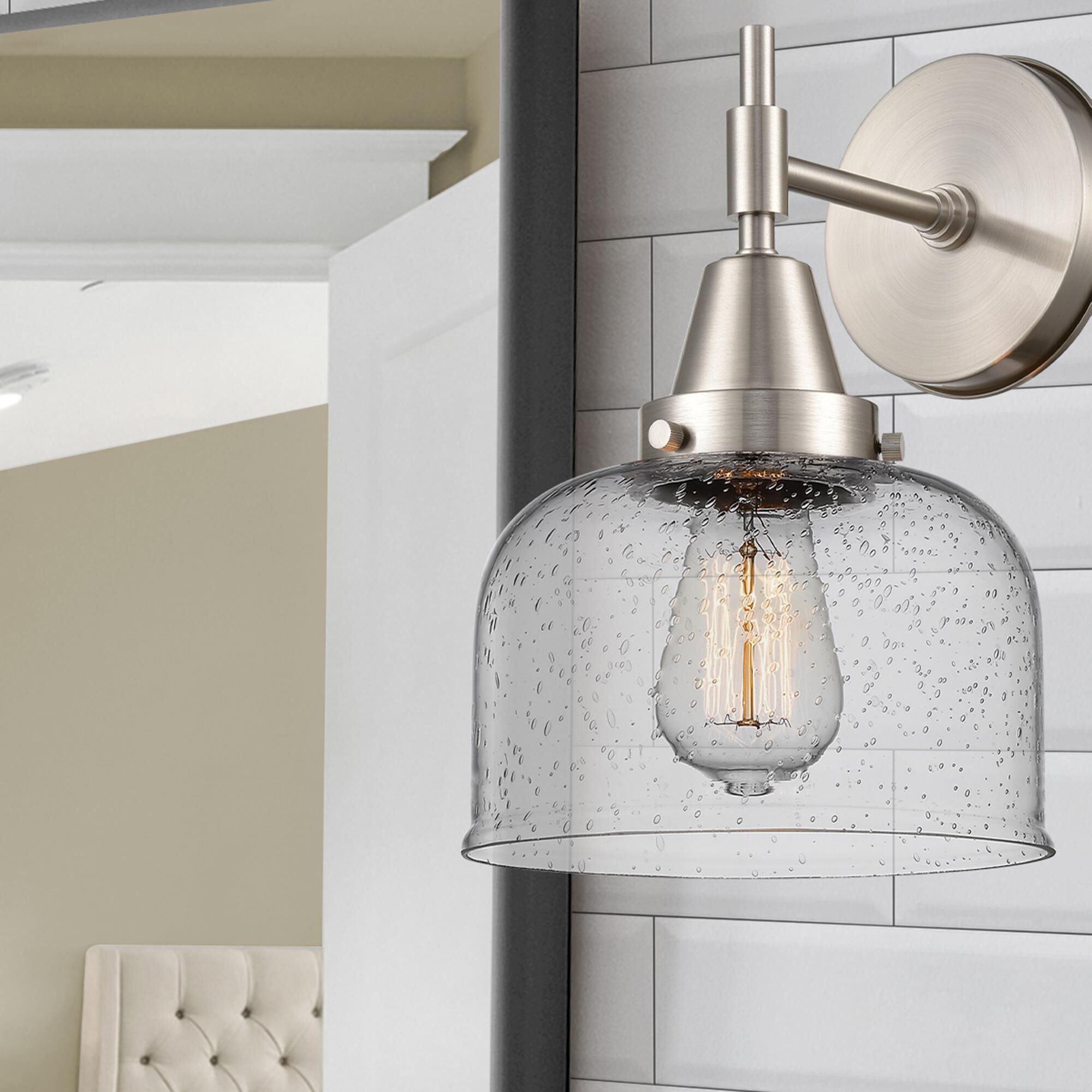 Shown in Satin Nickel finish and Seedy Large Cone glass