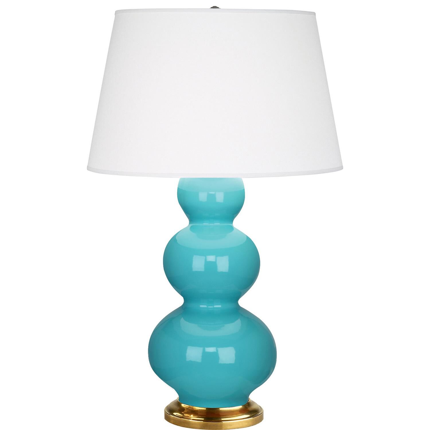 Shown in Egg Blue Glazed Ceramic With Antique Natural Brass ed Accents finish and Pearl Dupioni Fabric shade