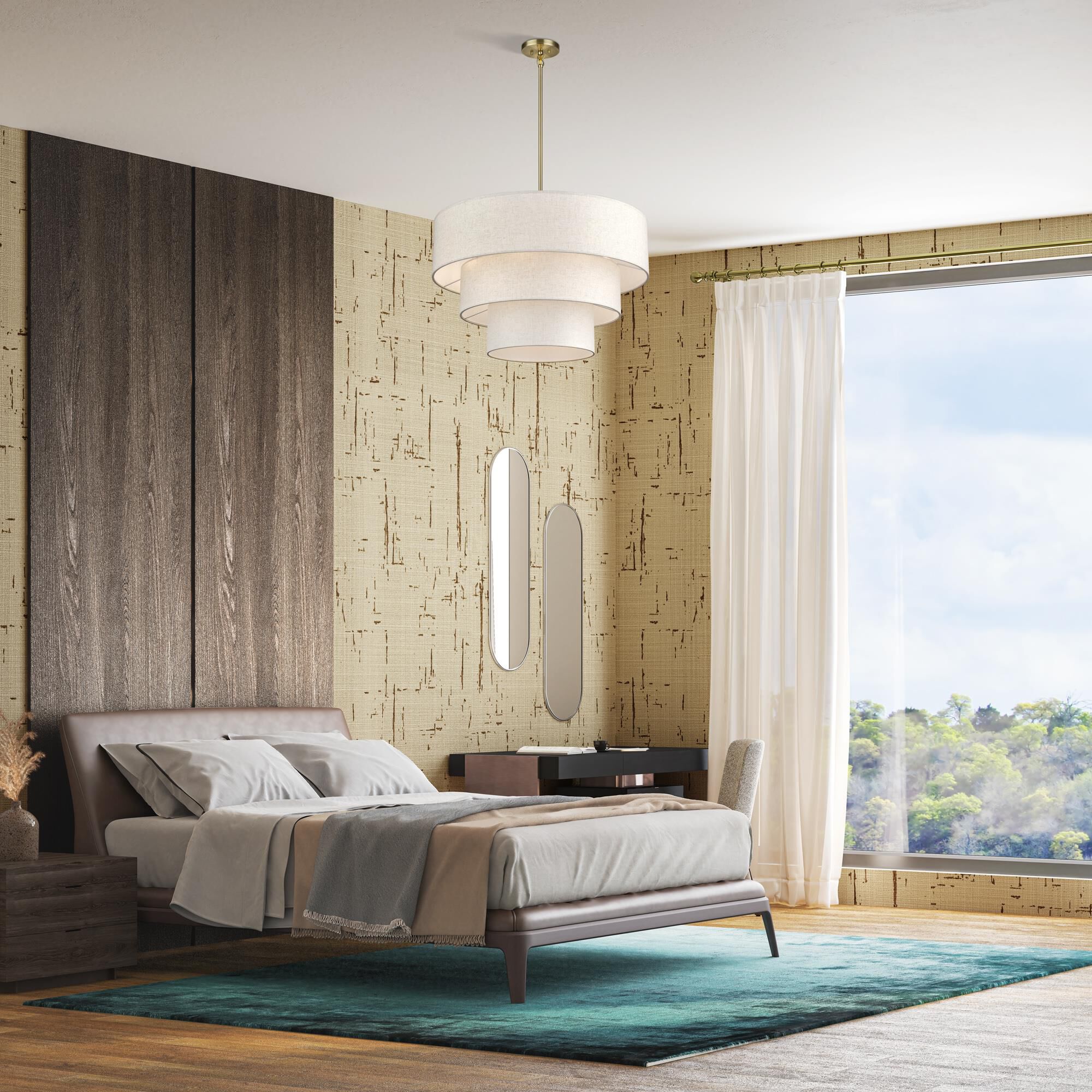 Shown in Antique Brass finish and Hand Crafted Oatmeal Color Fabric with White Color Inside shade