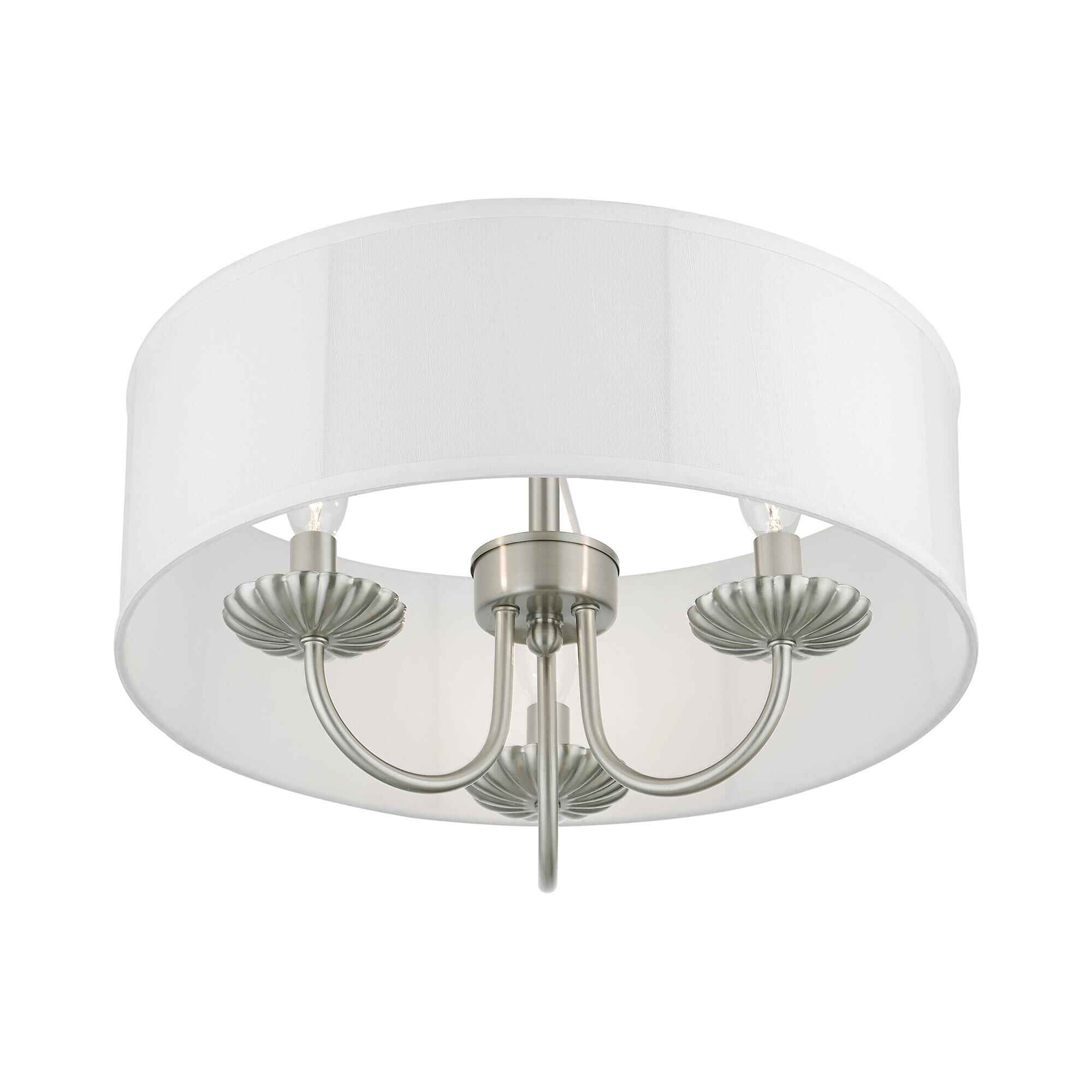 Shown in Brushed Nickel finish and Off-White Fabric Hardback with White Fabric Inside shade