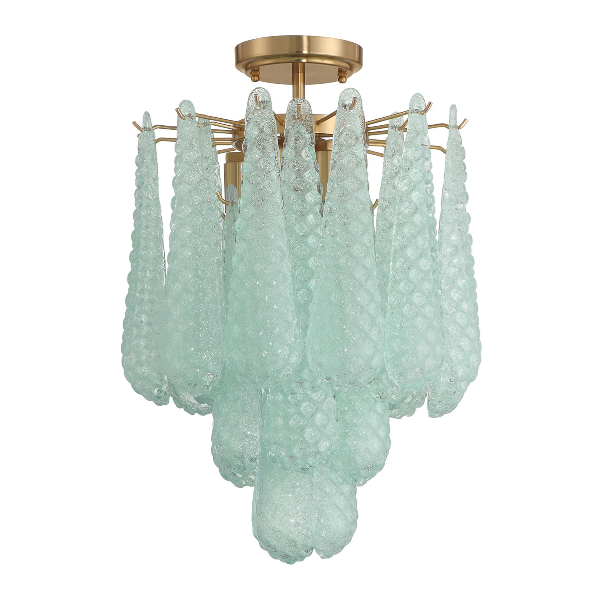 Shown in Aged Brass finish and Sand Green glass