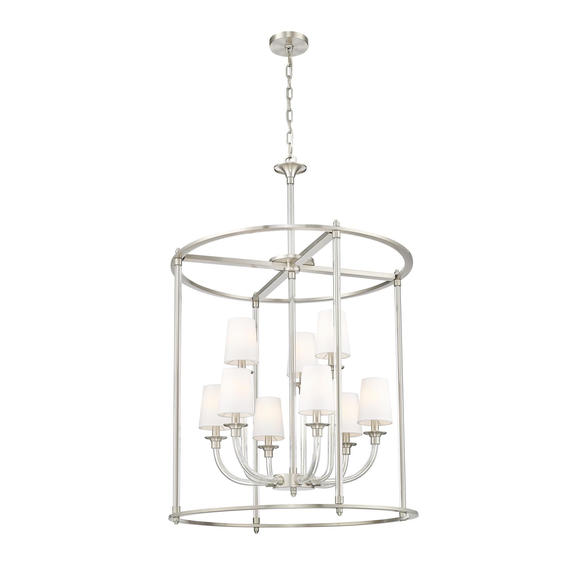 Shown in Brushed Nickel finish and White glass and White shade