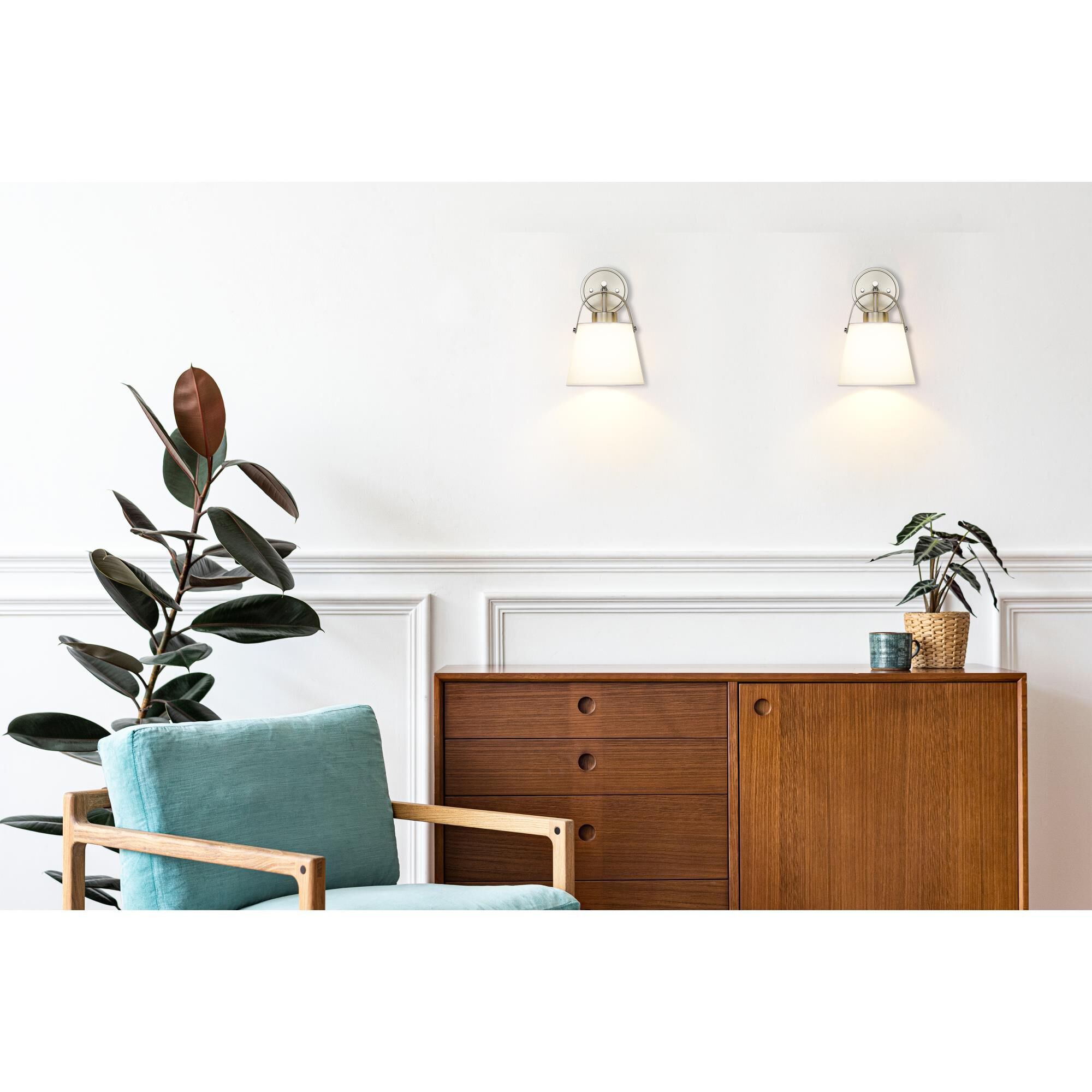 Shown in Brushed Nickel finish and Ivory glass