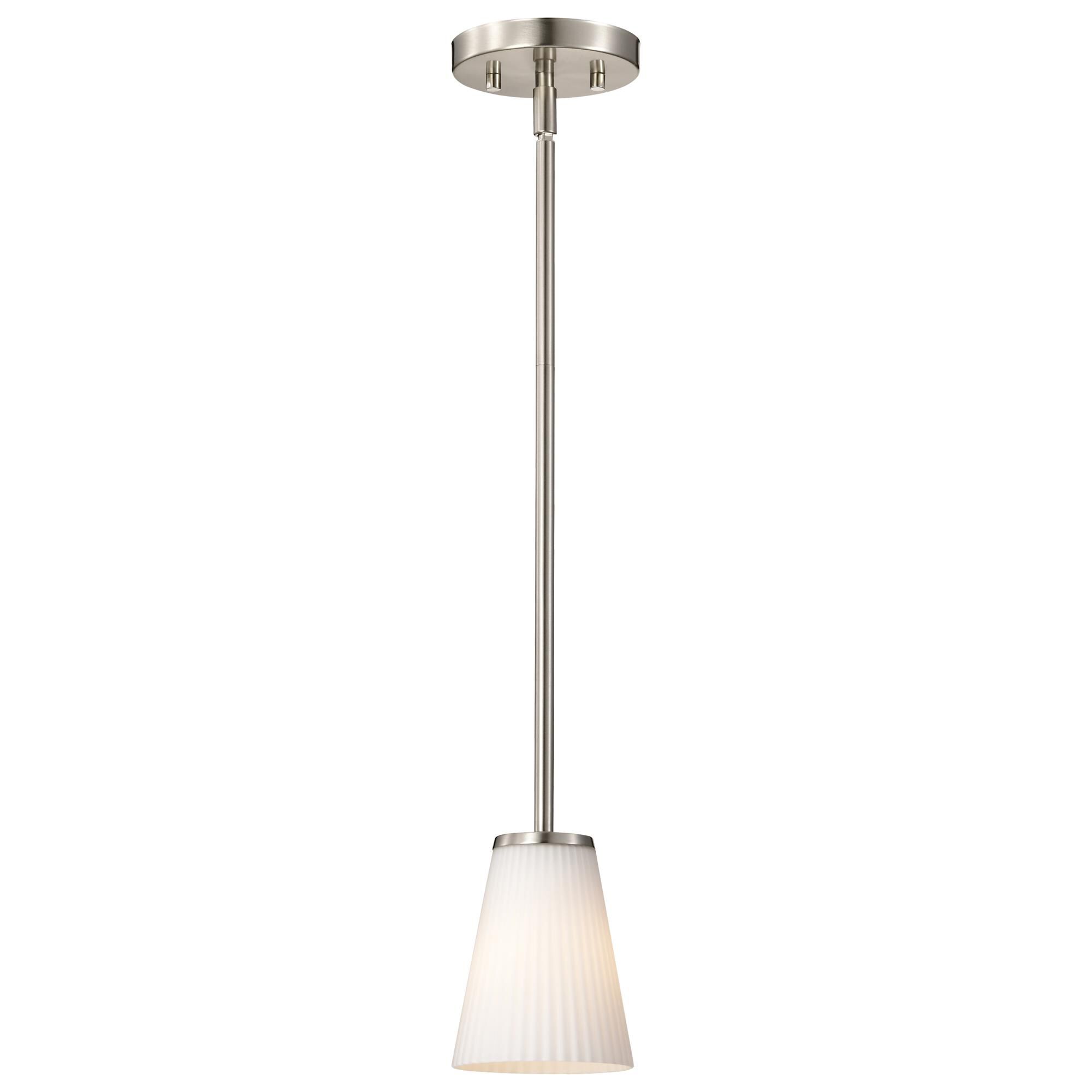 Shown in Brushed Nickel finish and Ribbed White glass