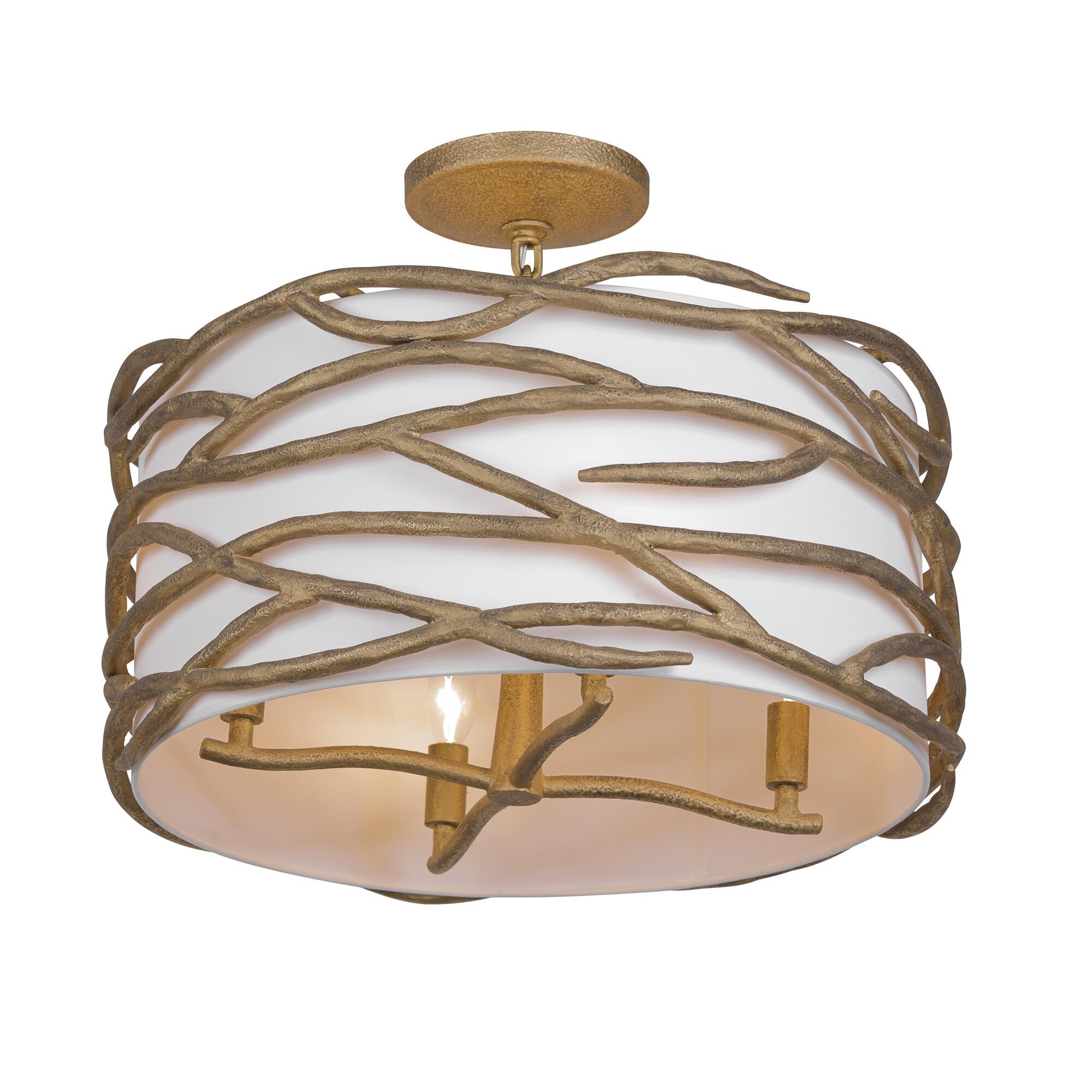 Shown in Textured Ashen Gold finish and Fabric Shade glass