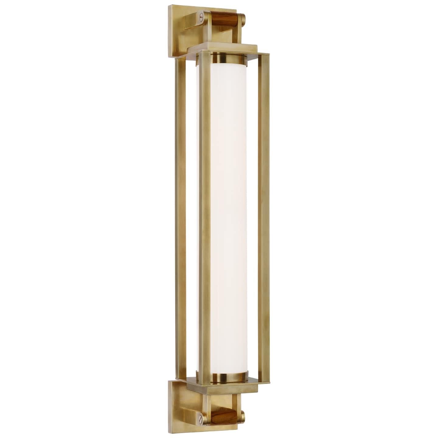 Shown in Natural Brass And Teak finish and White Glass shade