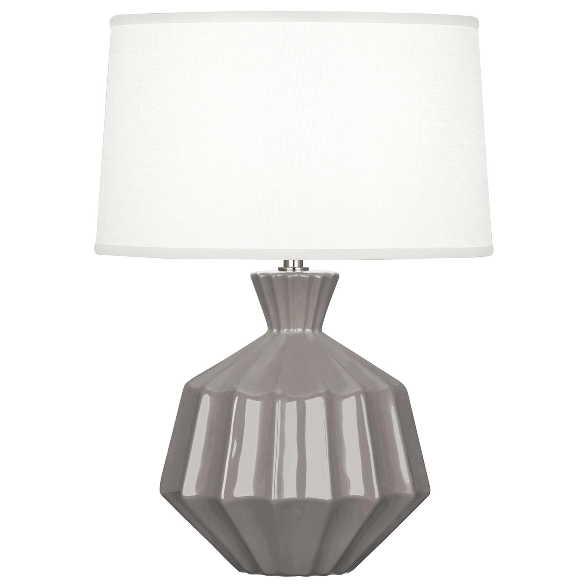 Shown in Smoky Taupe Glazed Ceramic finish and Oyster Linen With Self Fabric Top Diffuser shade