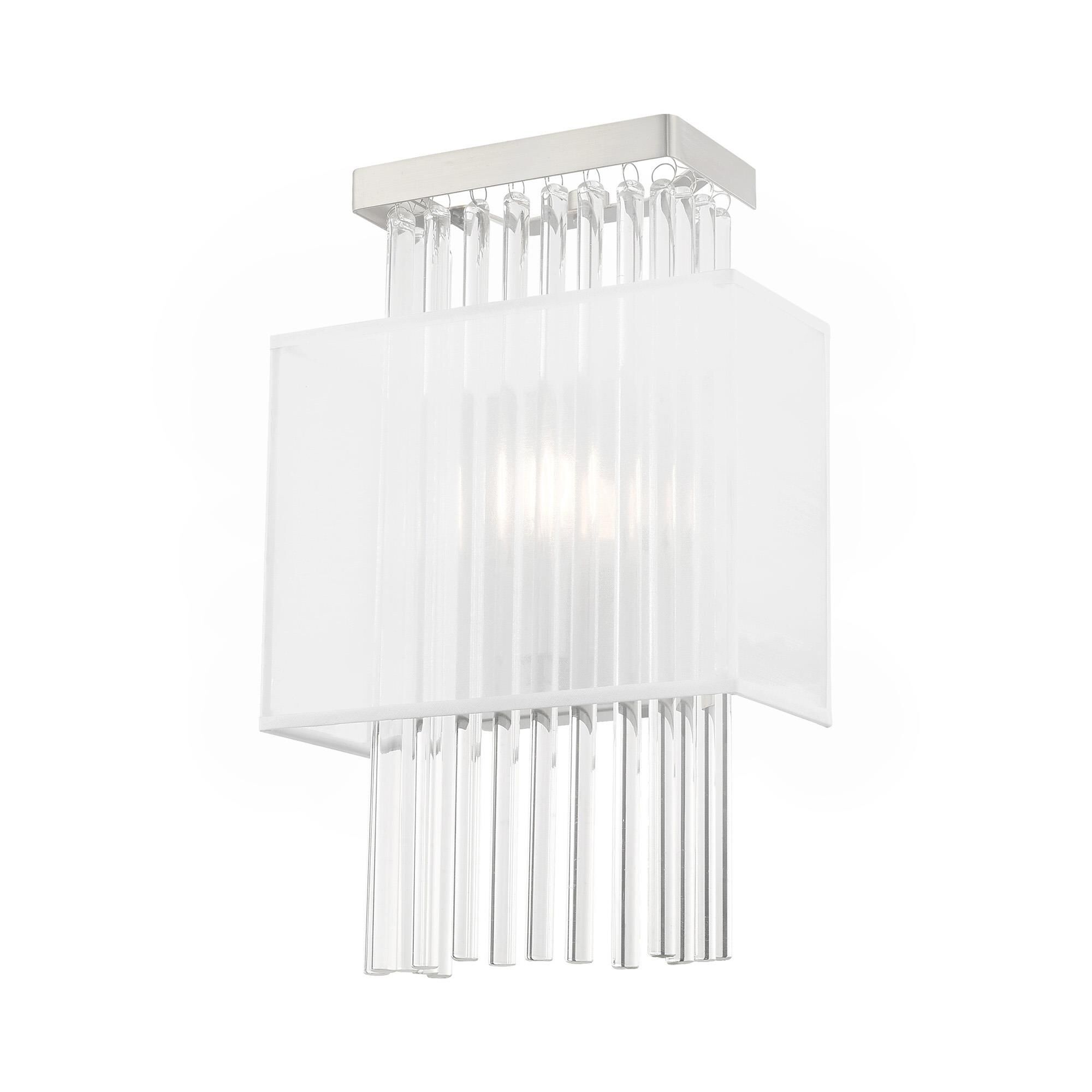 Shown in Brushed Nickel finish and Clear Crystal Rods with Hand Crafted Translucent Fabric shade