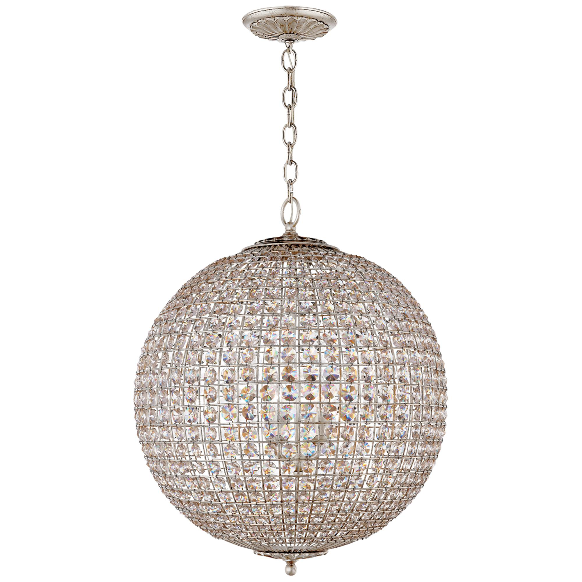 Shown in Burnished Silver Leaf finish and Crystal glass