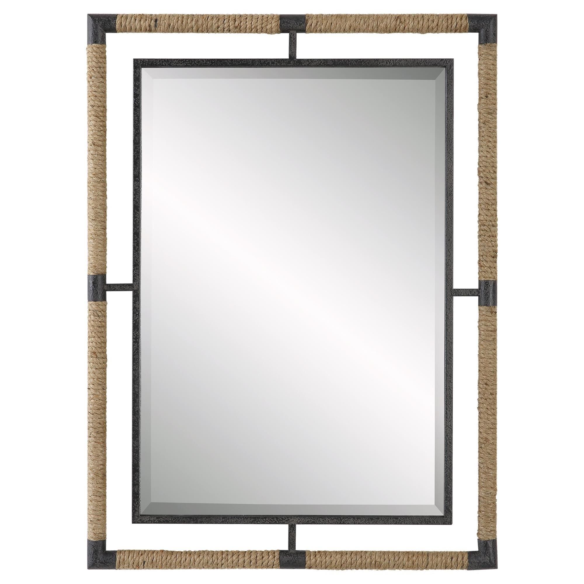 Shown in This Forged Iron Mirror Frame Is Finished In A Textured Rust Black That Is Wrapped In Natural Rope B finish
