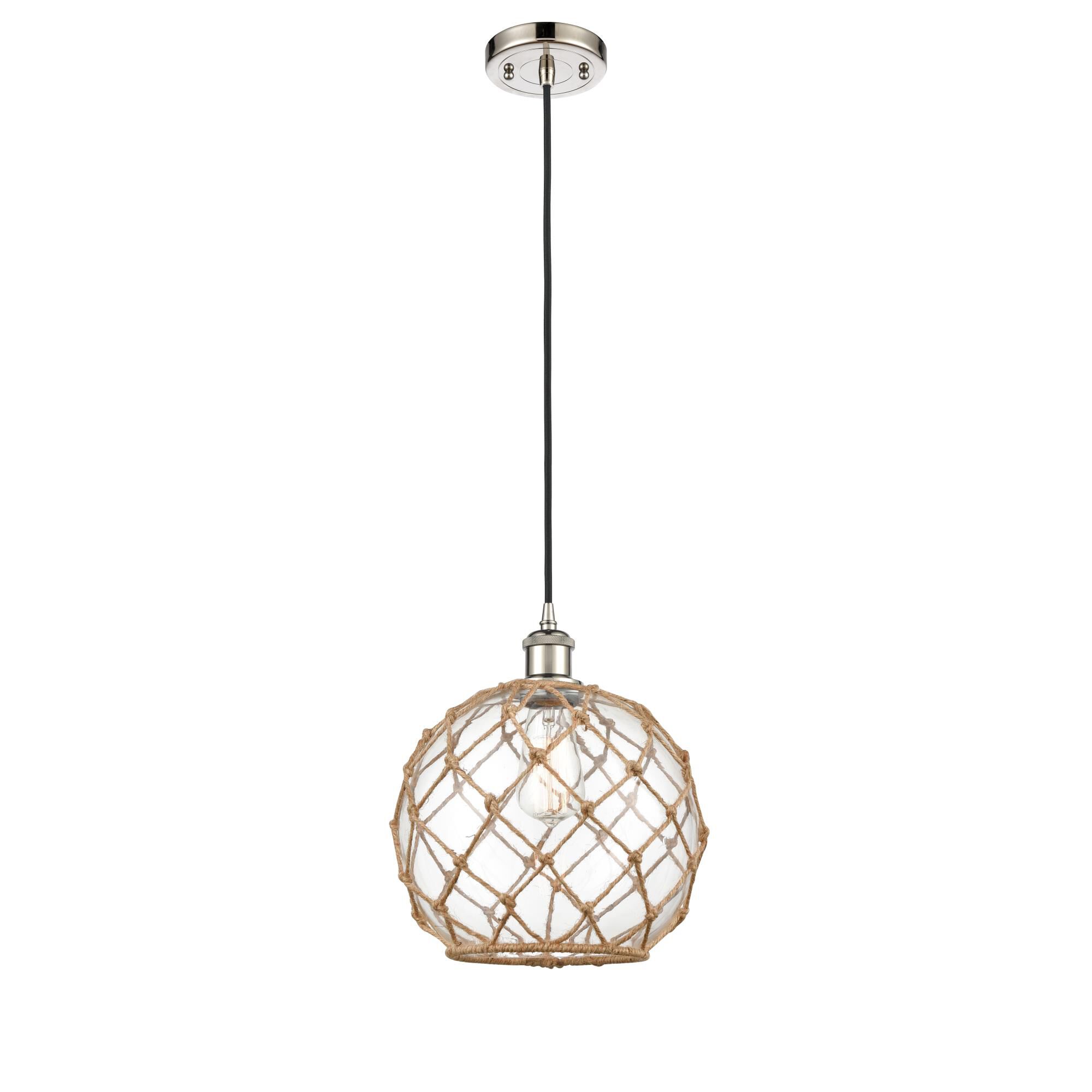 Shown in Polished Nickel finish and Clear Large Farmhousewith Brown Rope glass