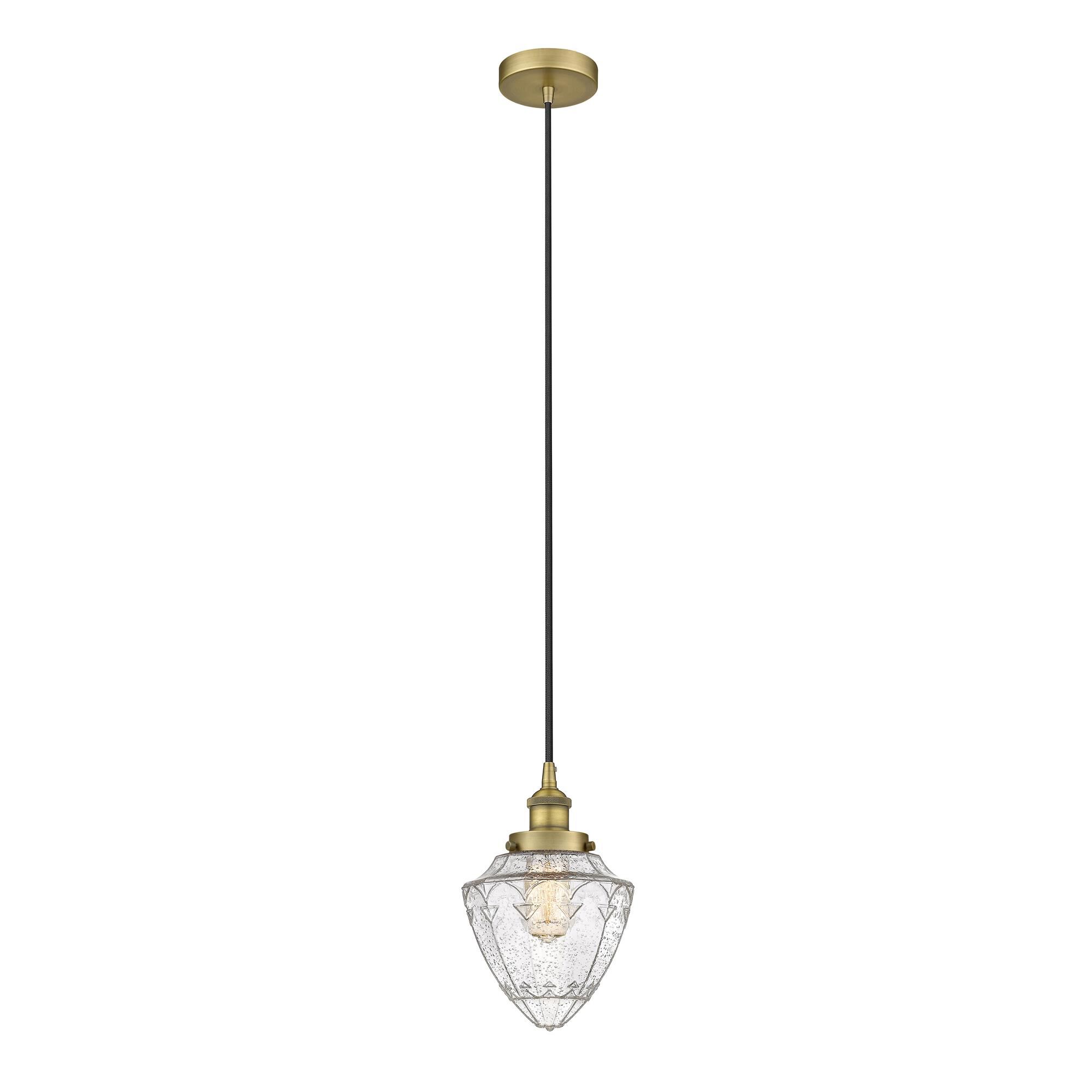 Shown in Brushed Brass finish and Seedy glass