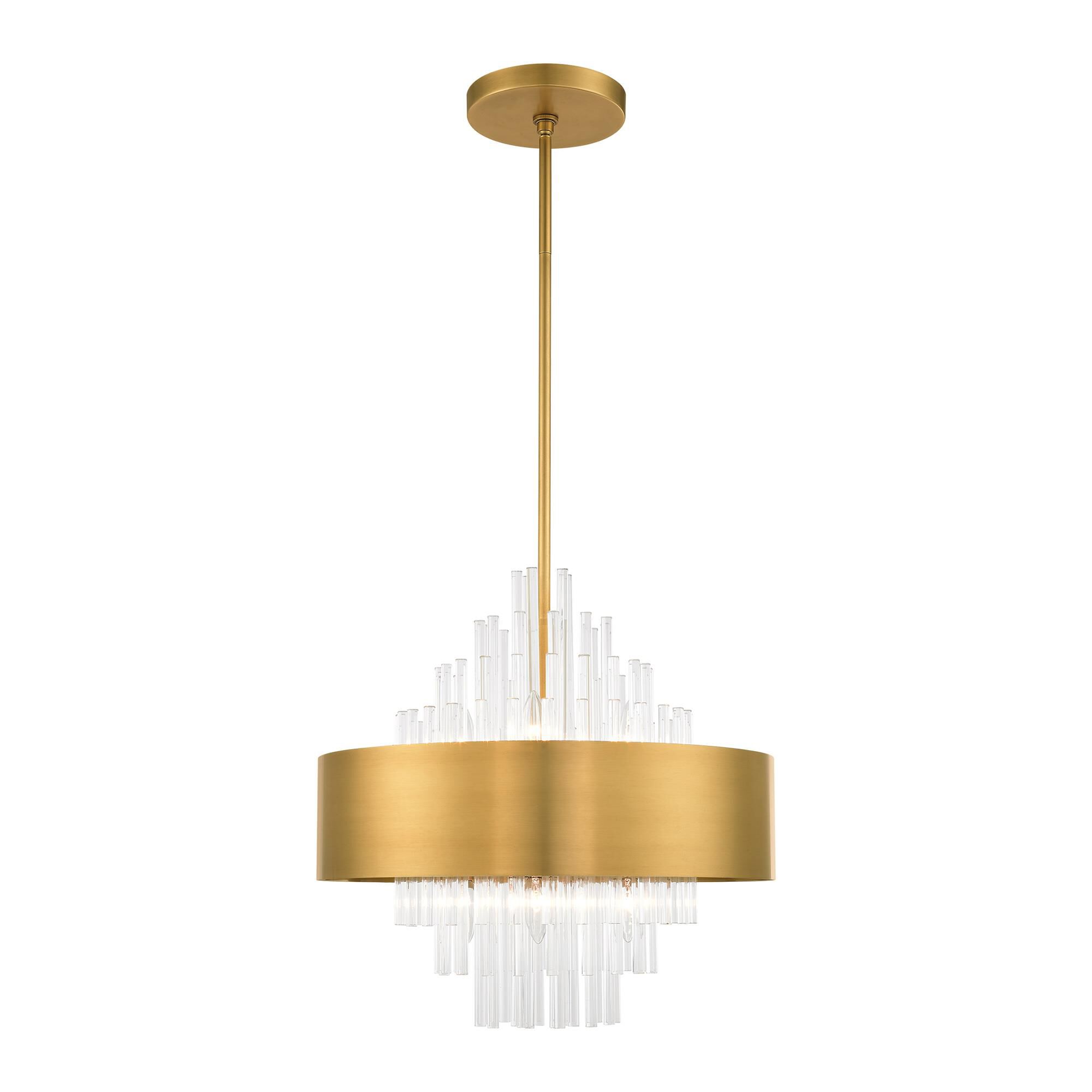 Shown in Natural Brass finish and Natural Brass Drum Shade With Clear Crystal Rods glass and Natural Brass Drum  With Clear Crystal Rods shade