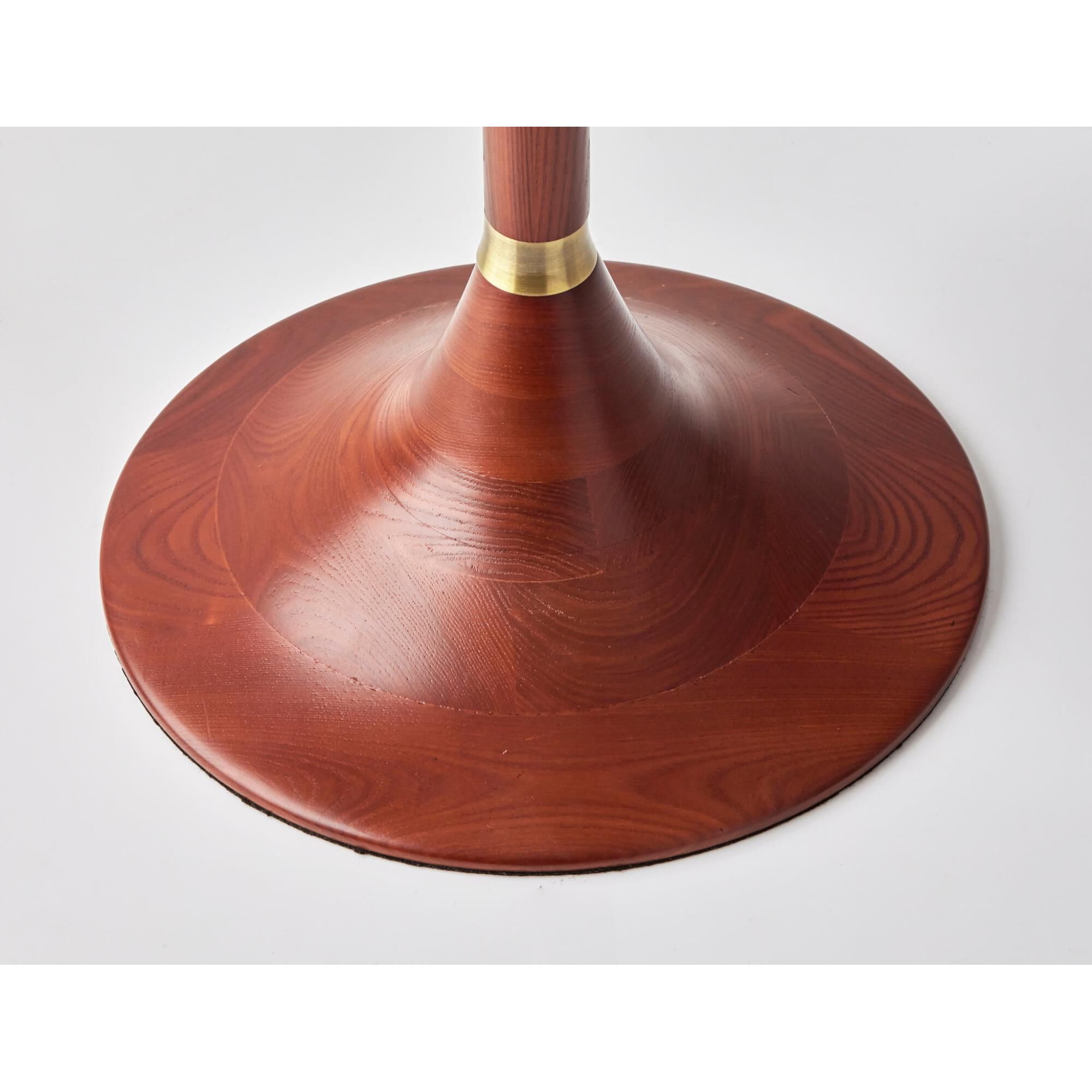 Shown in Walnut Rubberwood W. Antique Brass Accent finish and White Textured Fabric shade