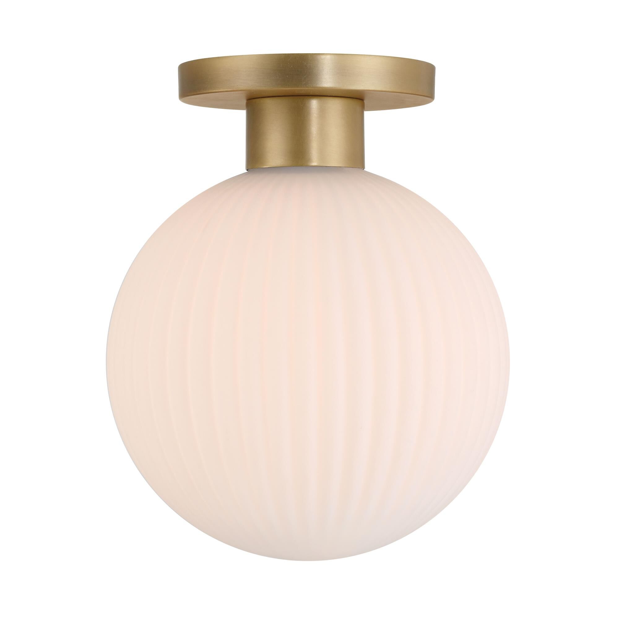 Shown in Legacy Brass finish and White Striped glass and Glass shade