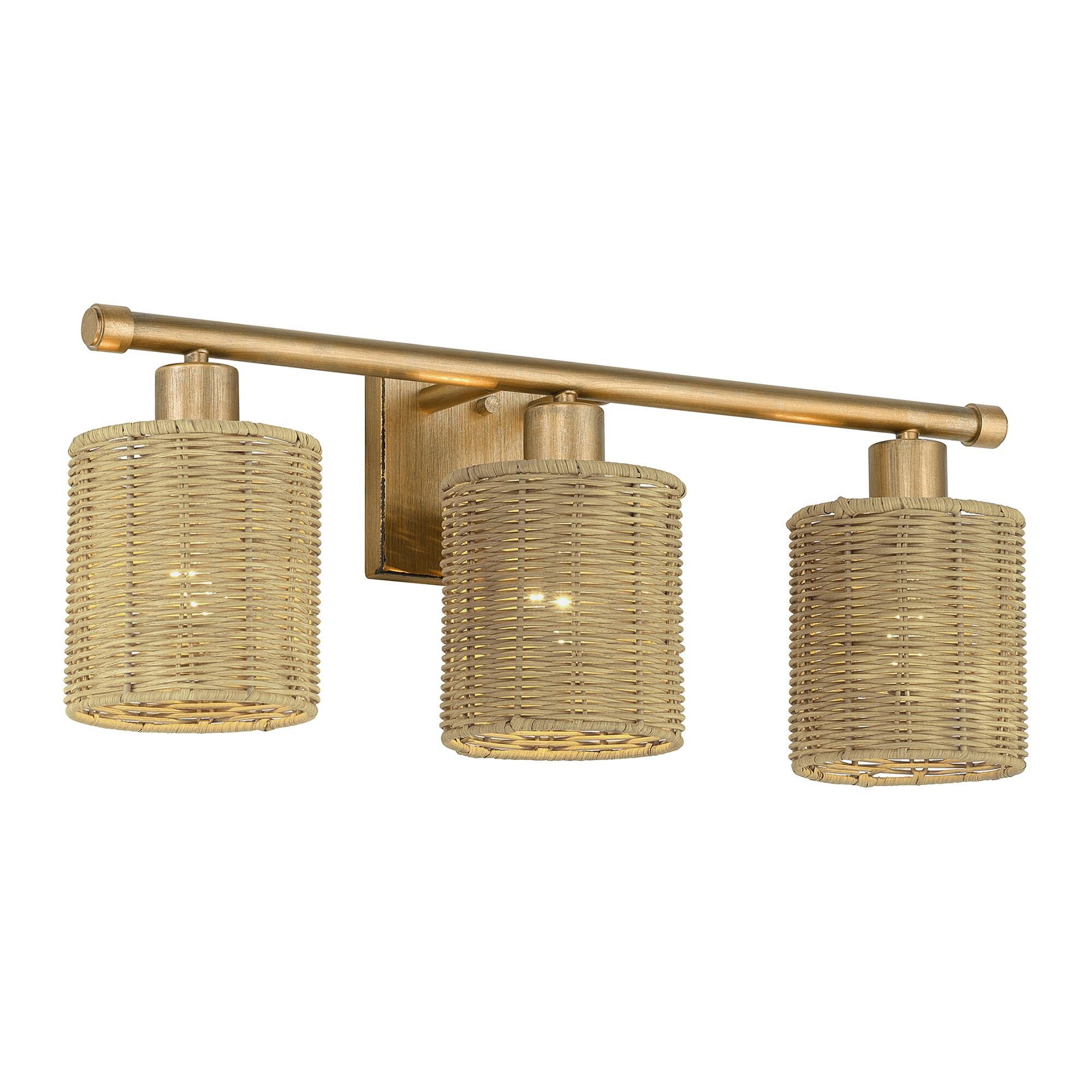 Shown in Antique Gold Leaf finish and Hand-Woven Rustic Walnut Color Rattan shade