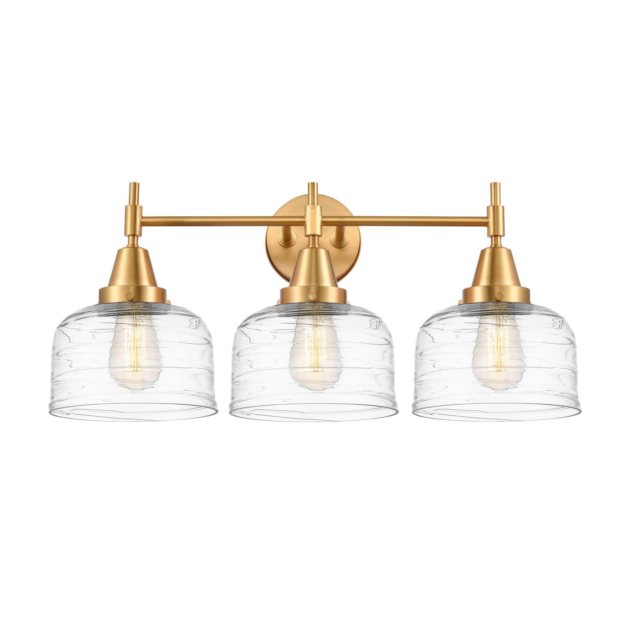 Shown in Satin Gold finish and Clear Deco Swirl Large Bell glass