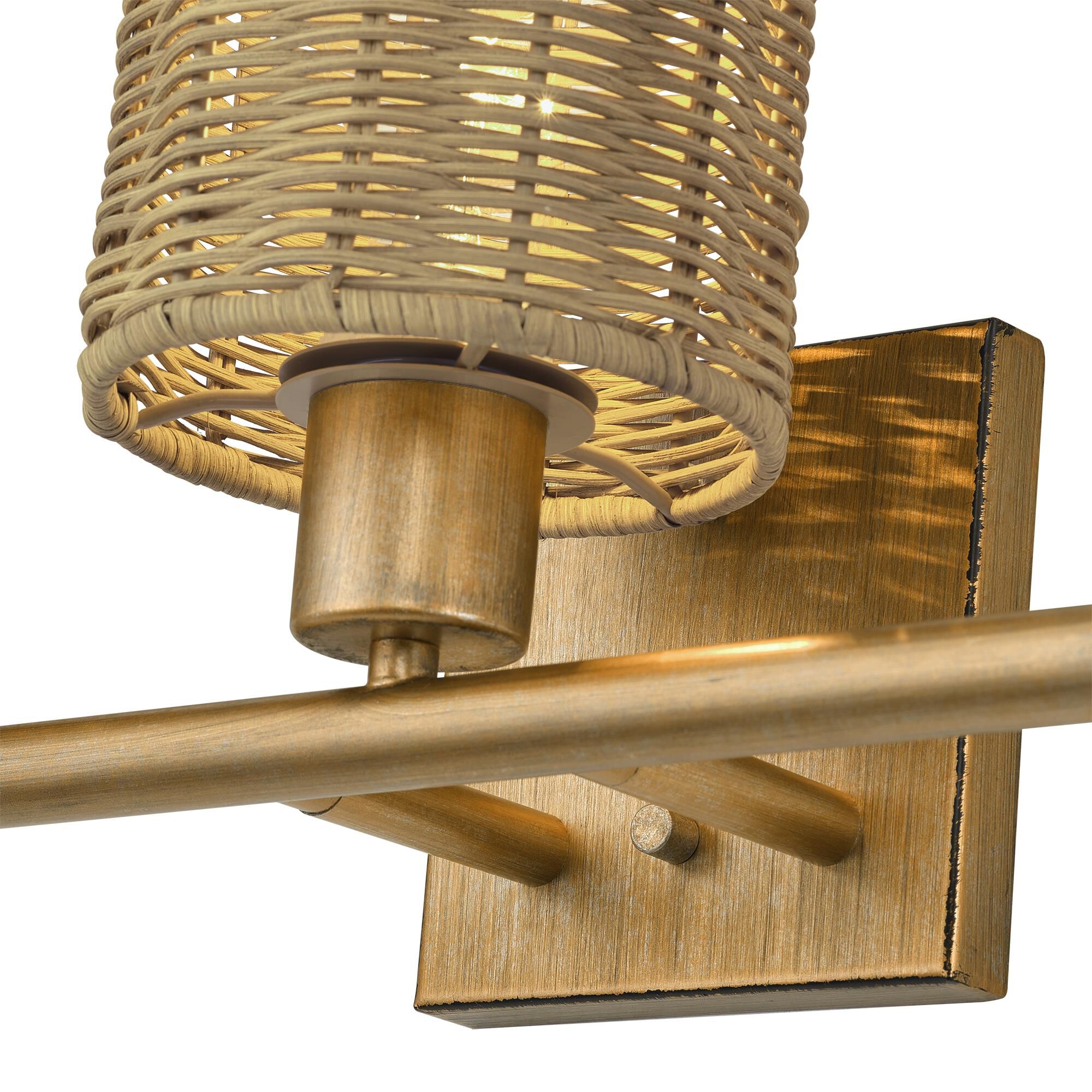 Shown in Antique Gold Leaf finish and Hand-Woven Rustic Walnut Color Rattan shade