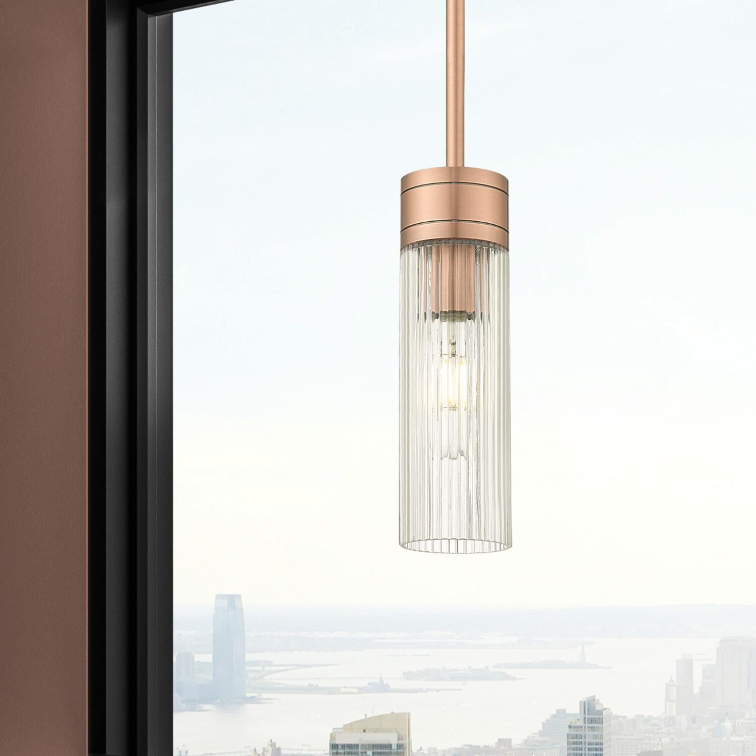 Shown in Antique Copper finish and Striped Clear glass