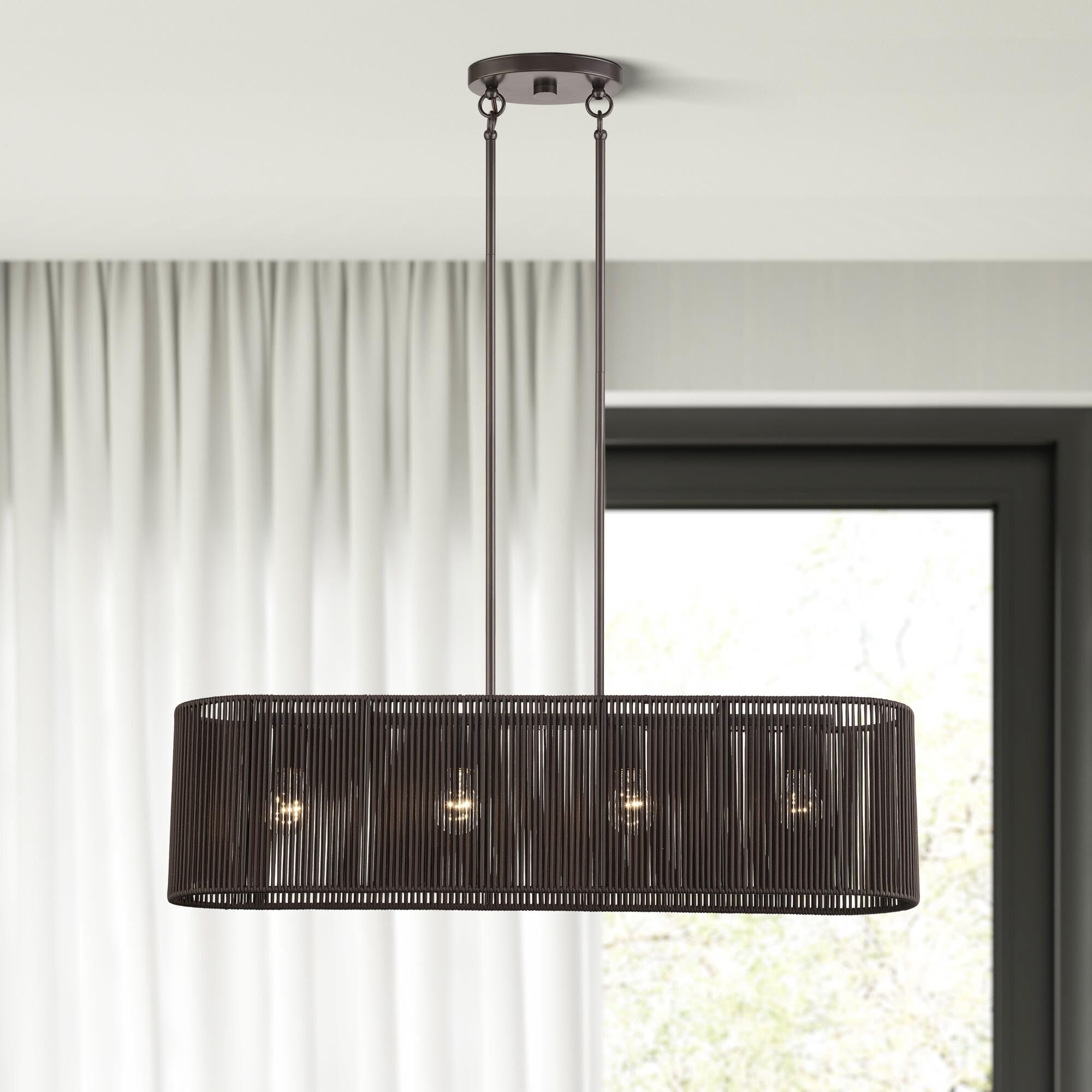 Shown in English Bronze finish and Hand-Woven Dark Chocolate Color Polyester Rope shade
