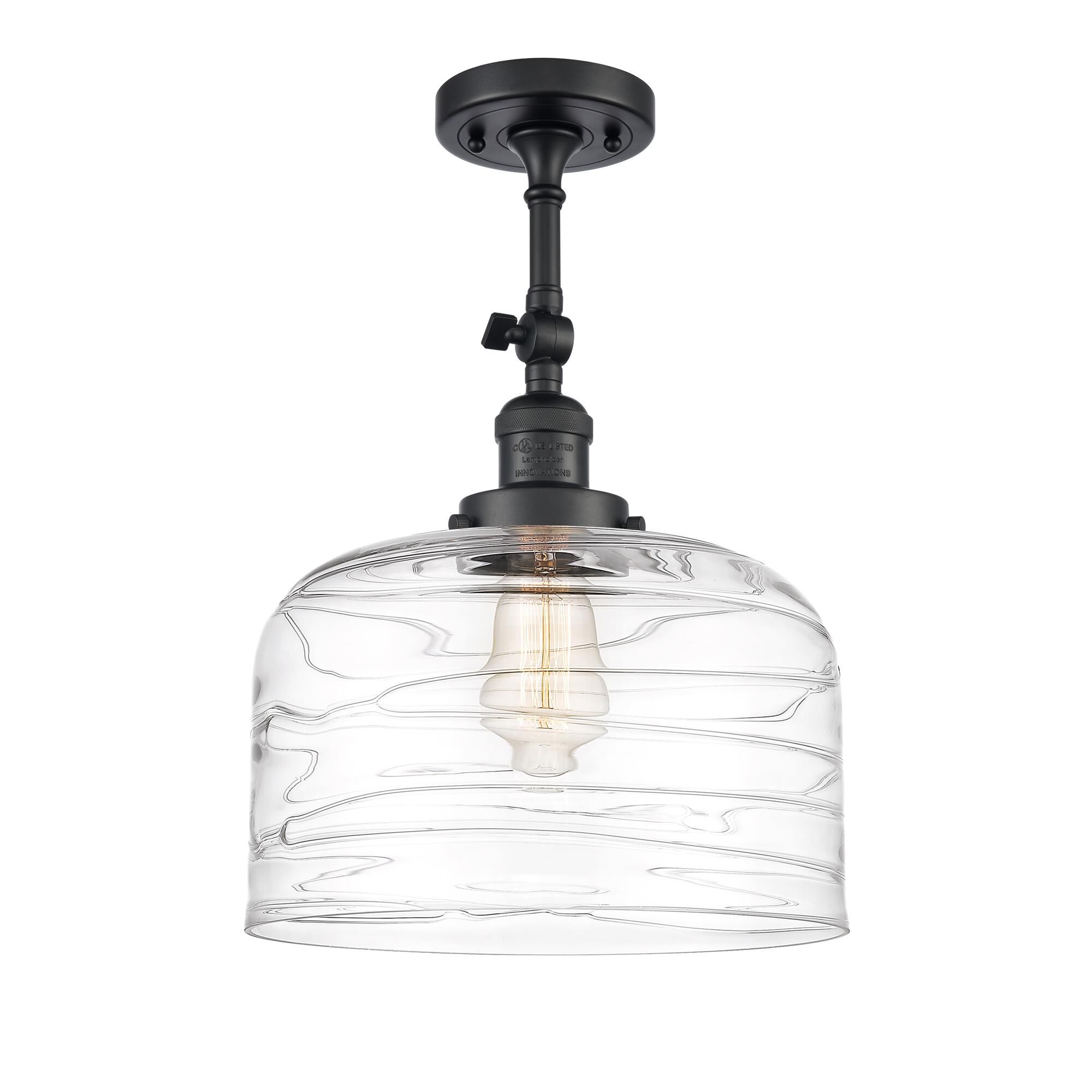 Shown in Matte Black finish and Clear Deco Swirl X-Large Bell glass