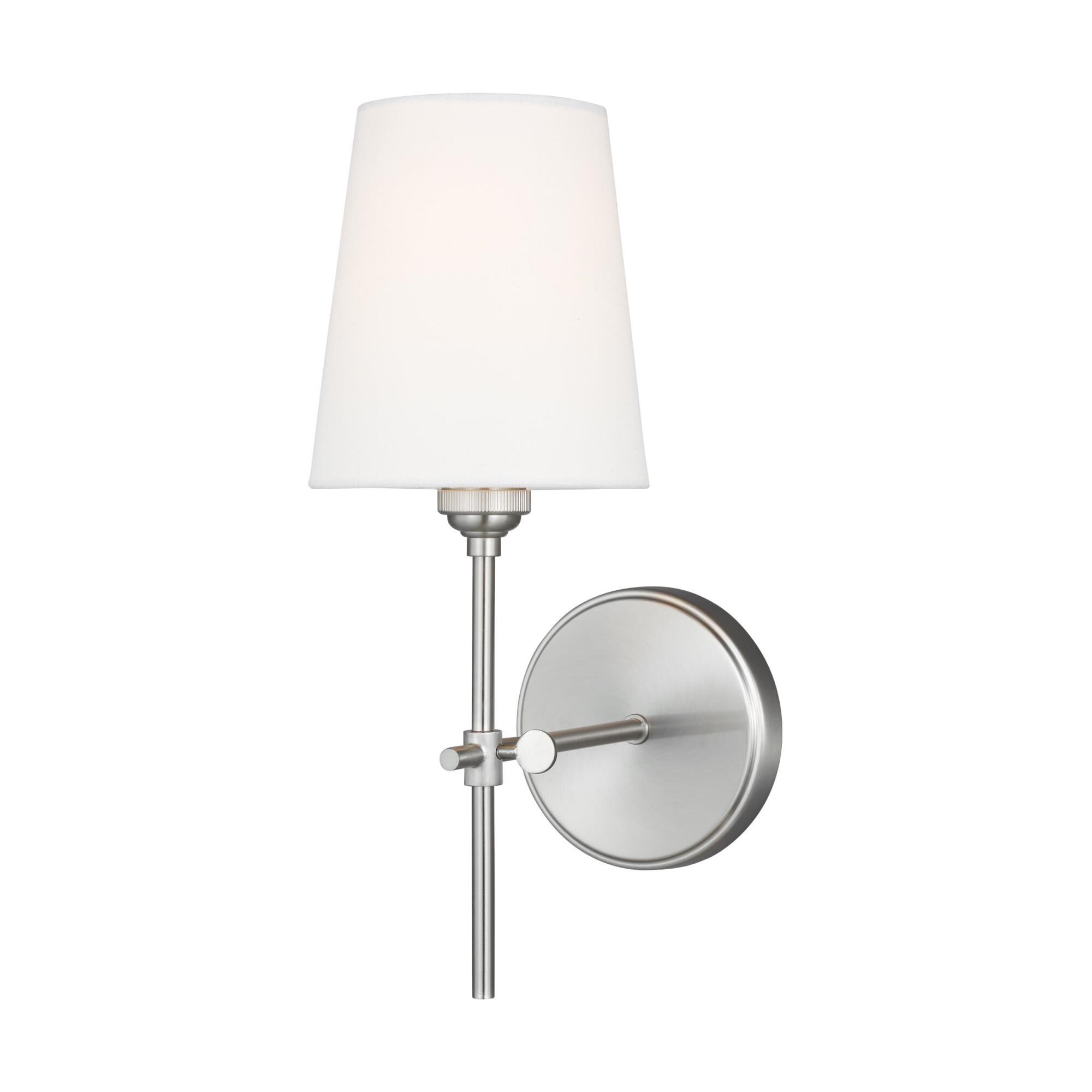Shown in Brushed Nickel finish and White Linen Fabric shade