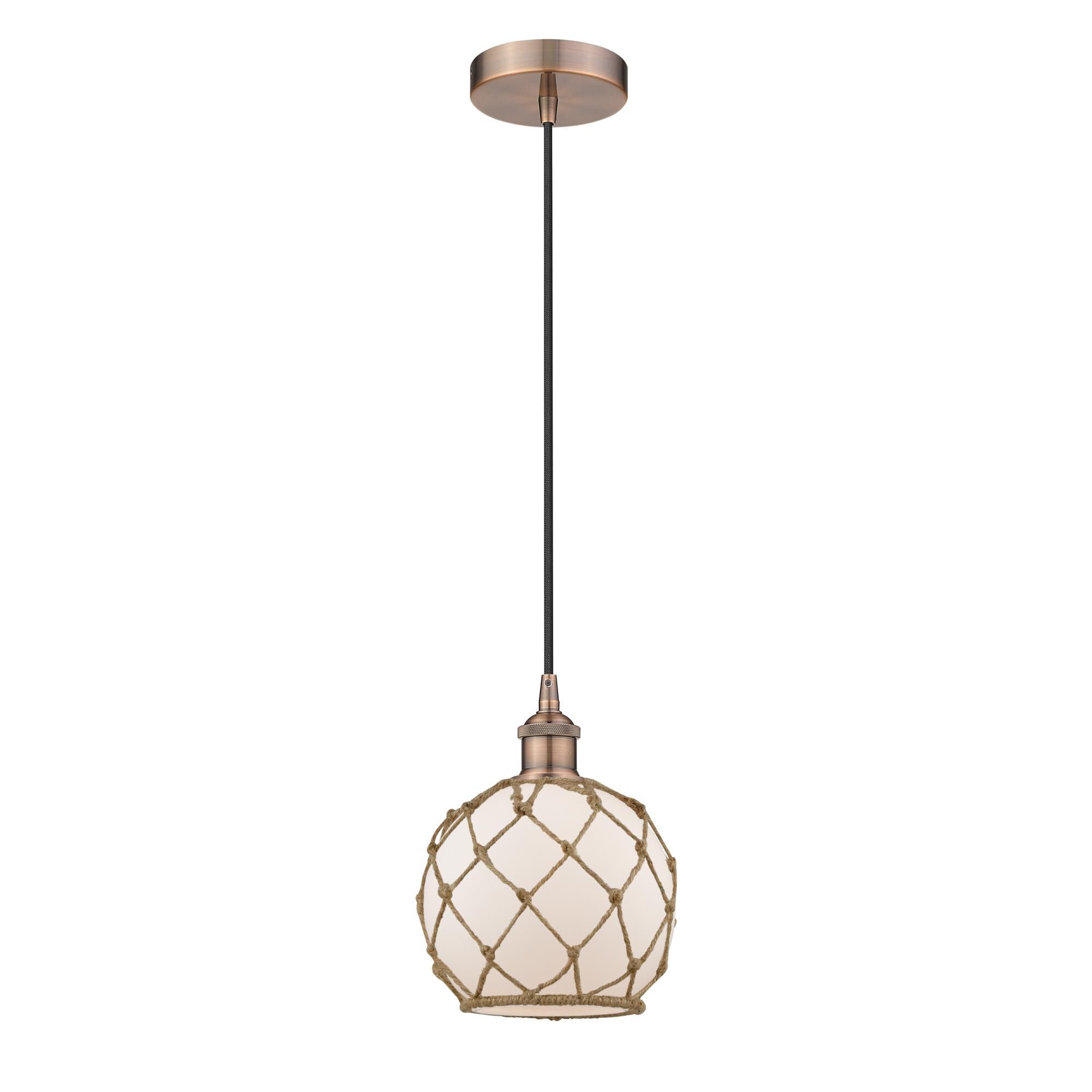 Shown in Antique Copper finish and White Farmhouse With Brown Rope glass and No Shade shade