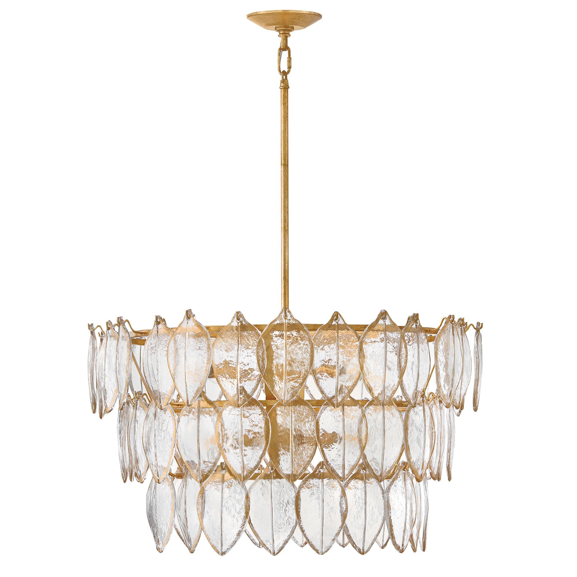 Shown in Distressed Brass finish and Clear Pressed glass