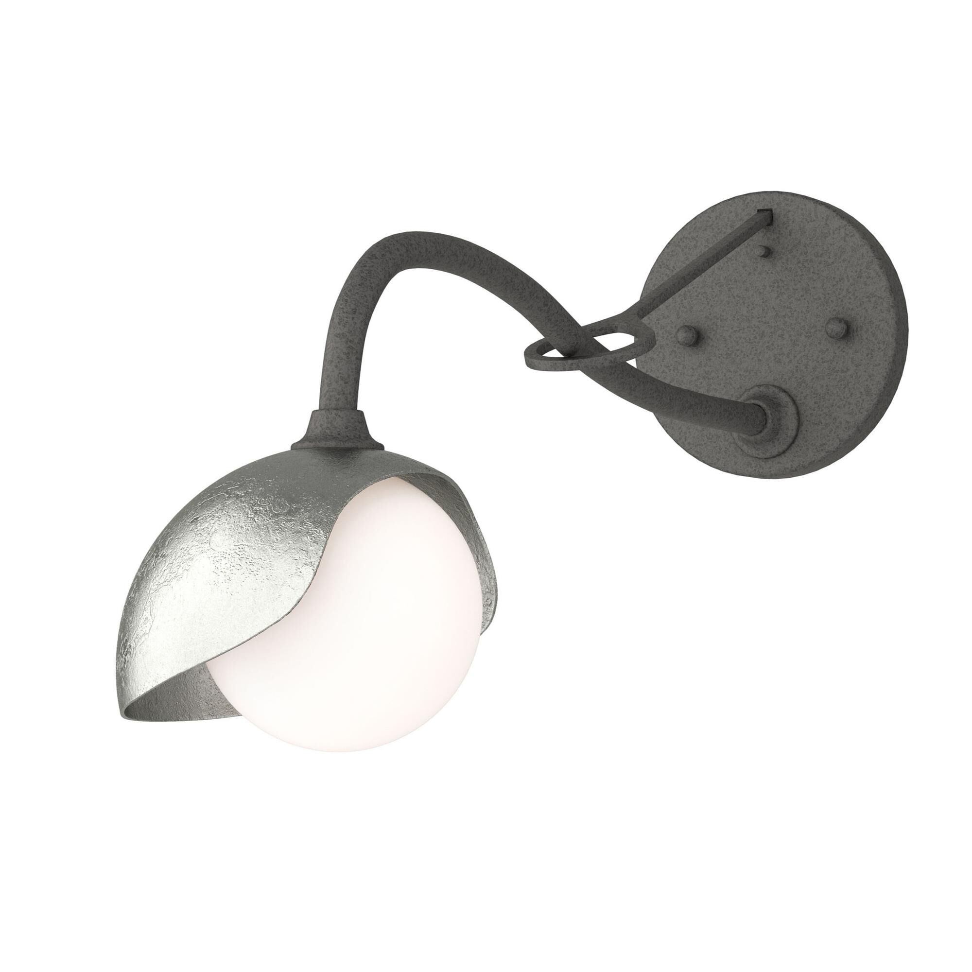 Shown in Natural Iron finish and Opal glass and Sterling (85) accent