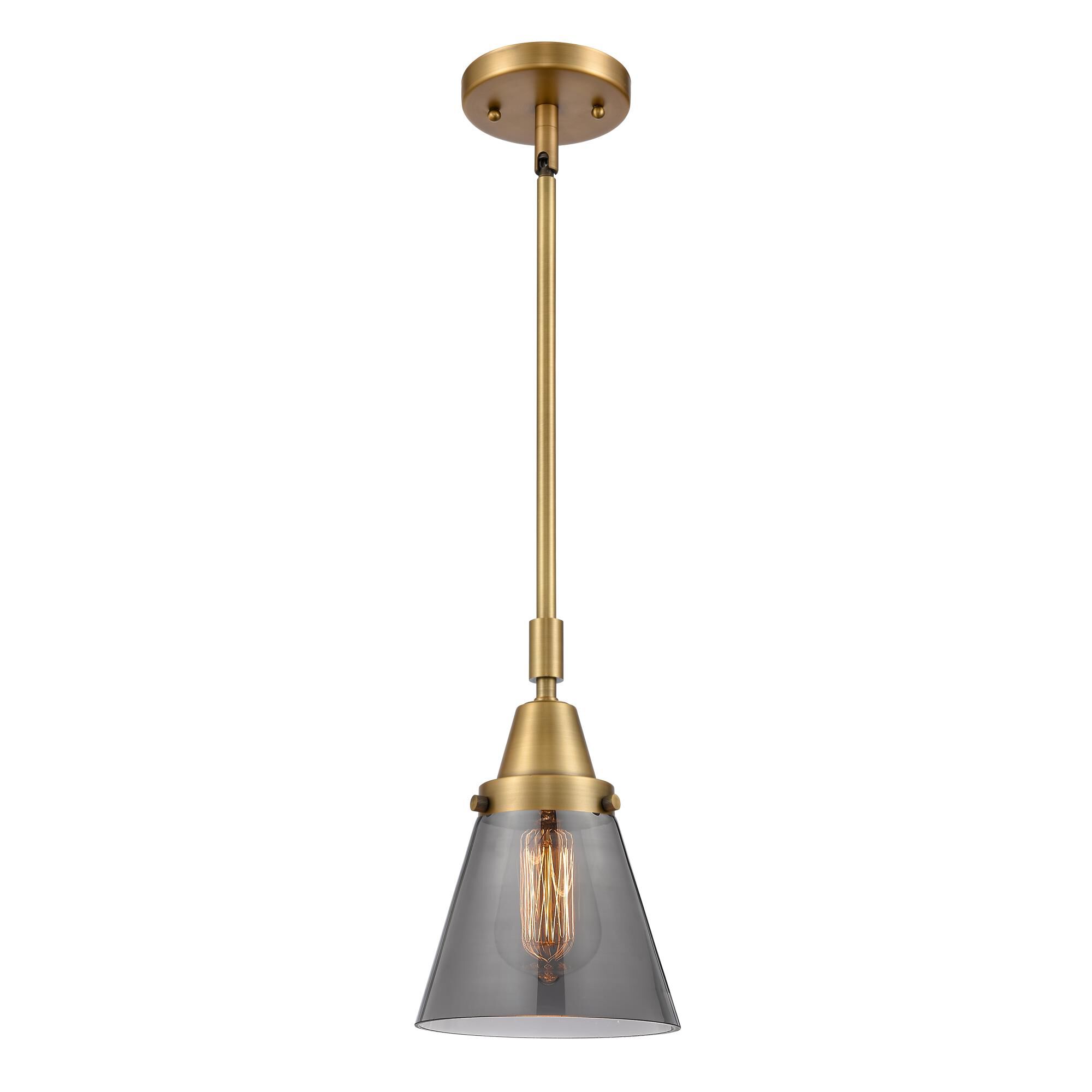 Shown in Brushed Brass finish and Plated Smoke Small Cone glass