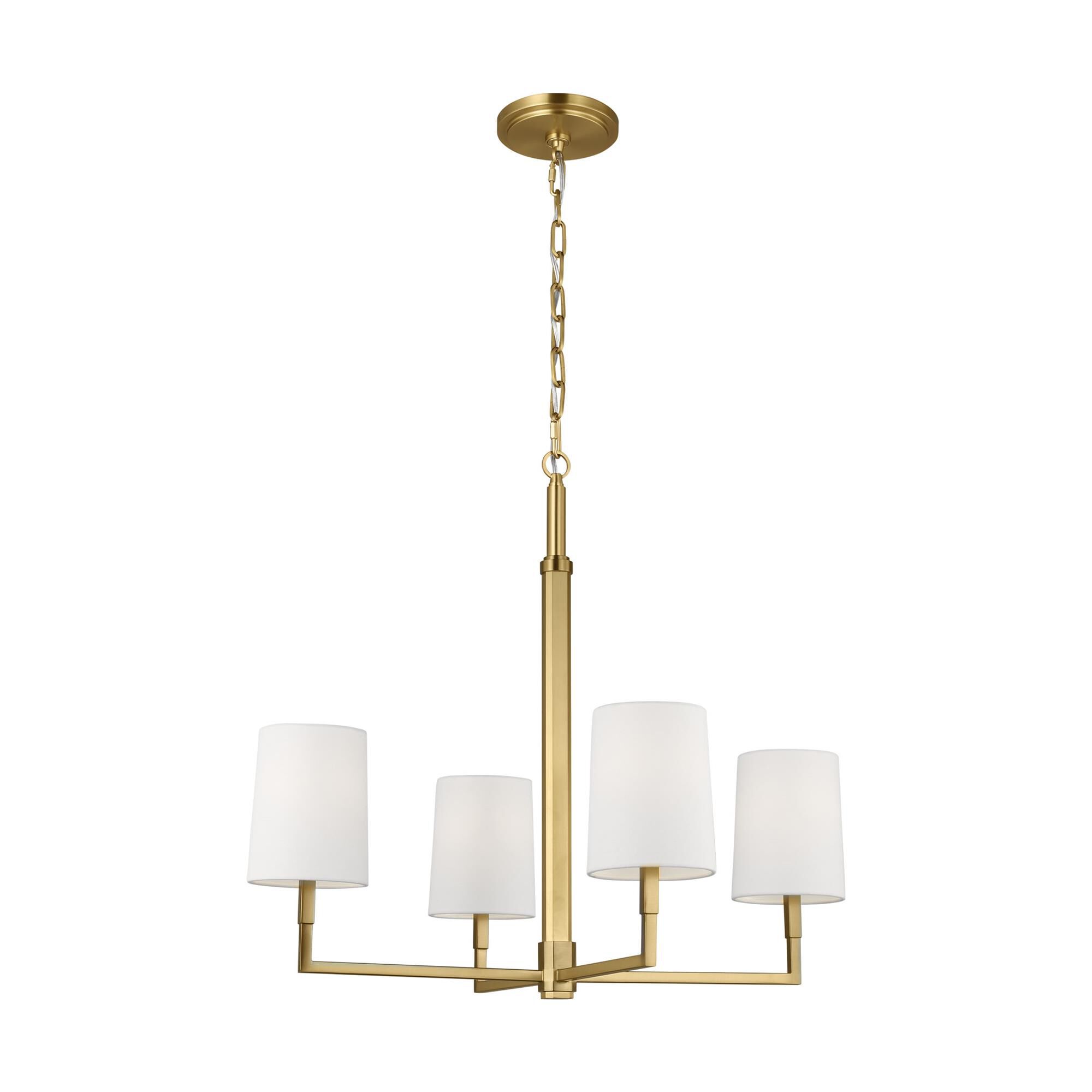 Shown in Burnished Brass finish and White Linen shade