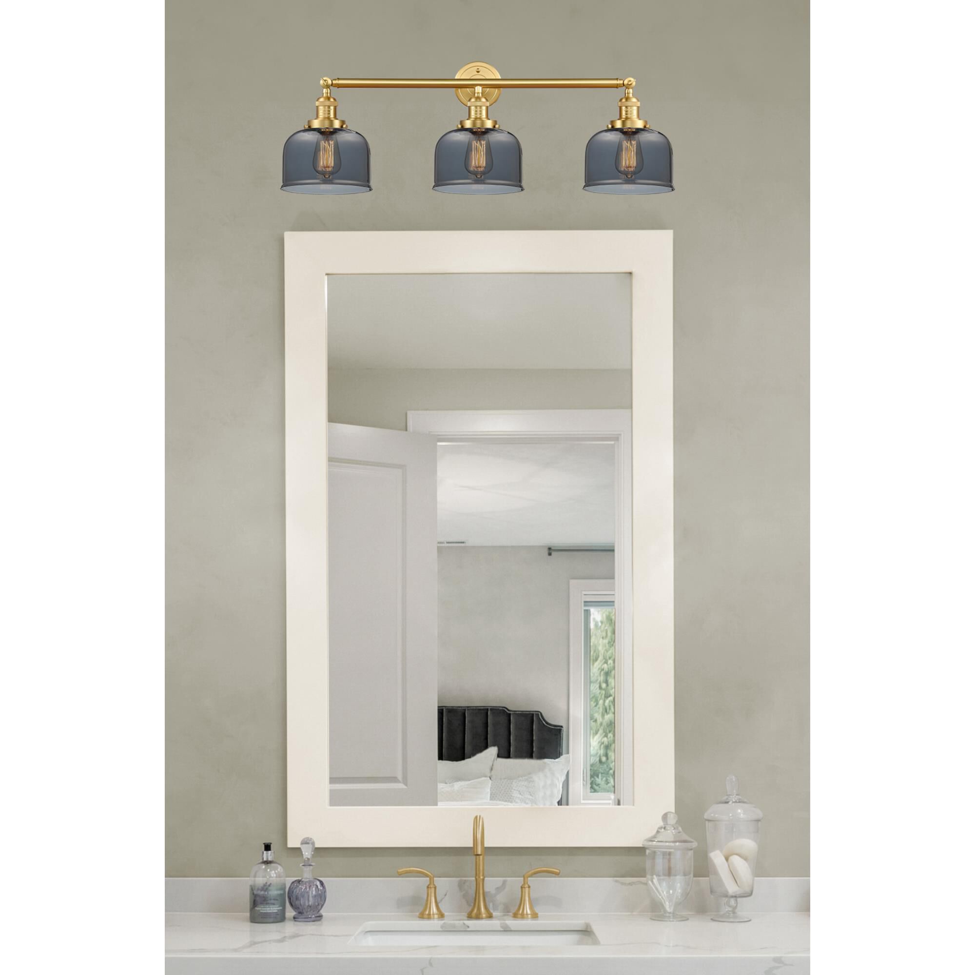 Shown in Satin Gold finish and Plated Smoke Large Bell glass