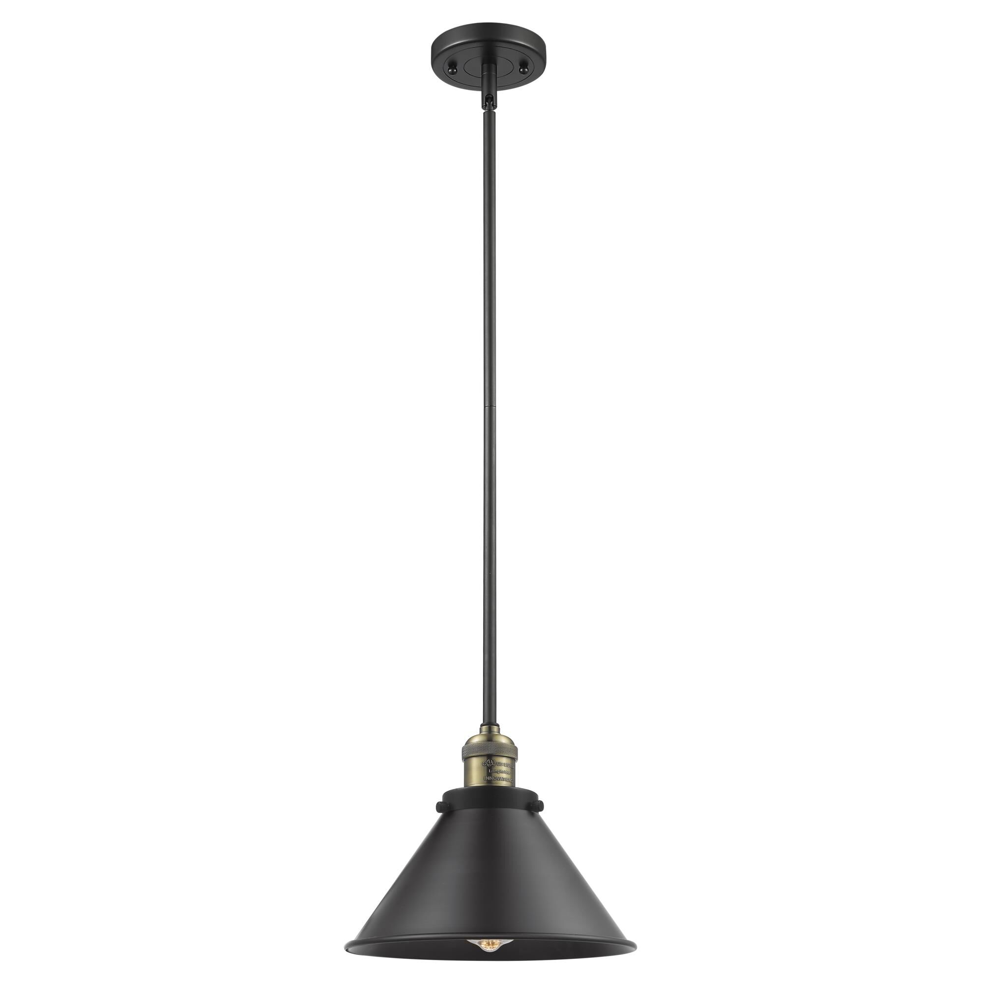 Shown in Black Antique Brass finish and Matte Black shade and Stem accent