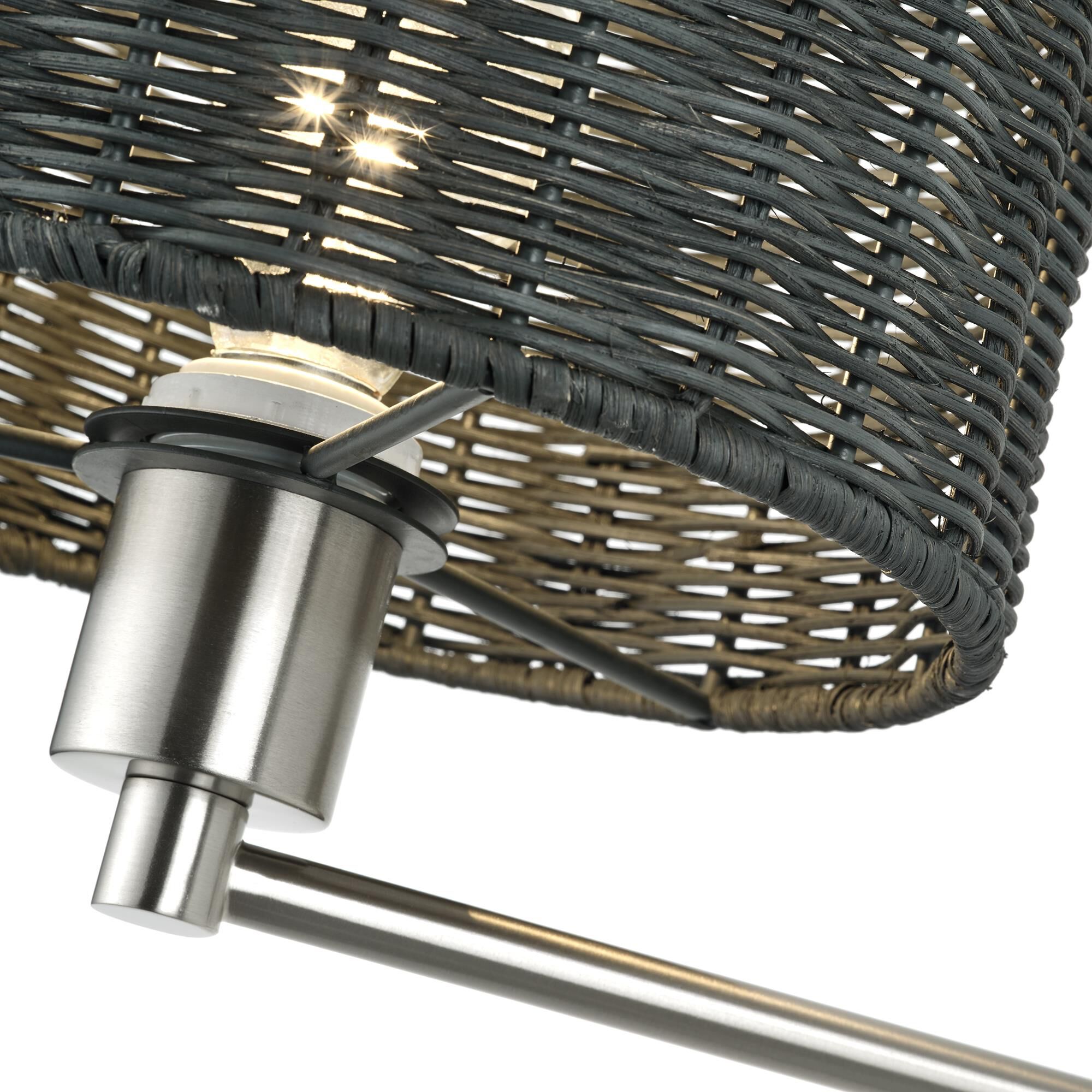 Shown in Brushed Nickel finish and Hand-Woven Charred Gray Color Rattan shade